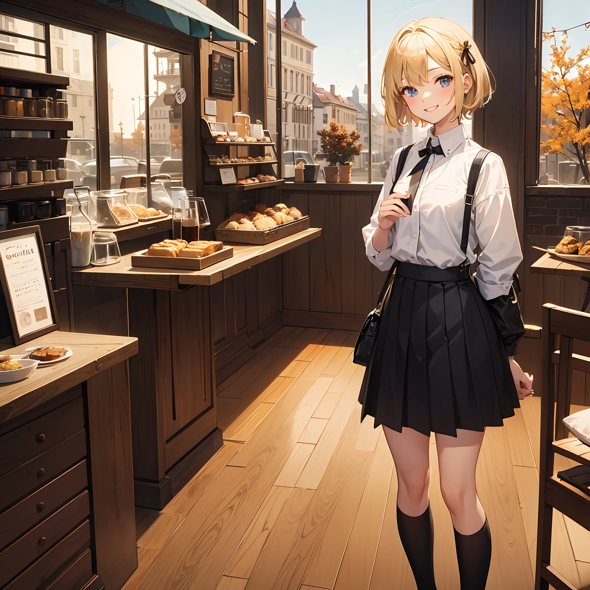Masterpiece, 1 girl, smiling, european, skirt, (small) chillerism, short blonde hair, coffee shop, autumn