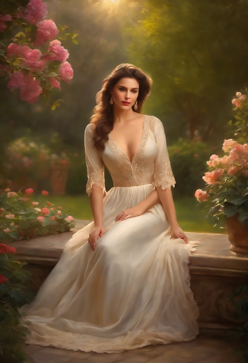 (a busty woman),classic oil painting,romantic garden,soft lighting,vibrant colors,subtle brushstrokes,delicate flowers,glowing sunlight,atmospheric charm,graceful posture,lush foliage,luxurious fabrics,portraiture,masterpiece:1.2