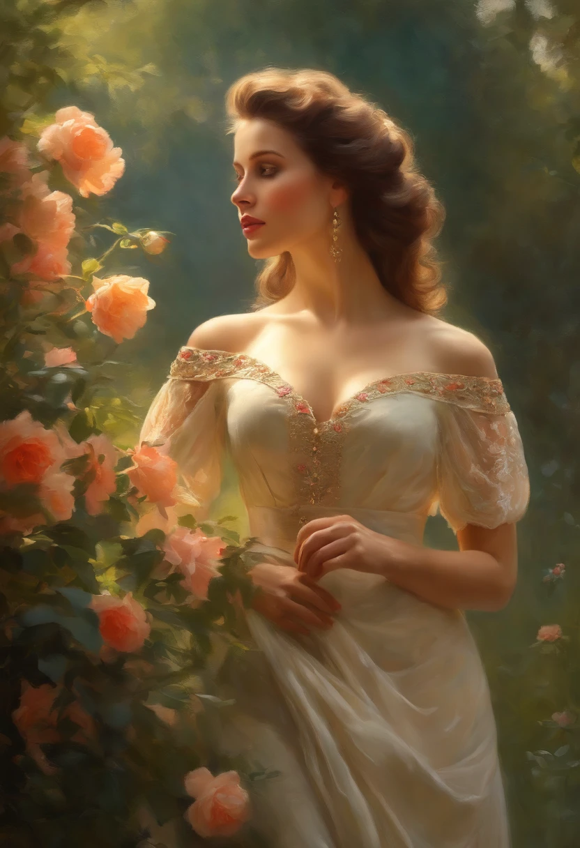 (a busty woman),classic oil painting,romantic garden,soft lighting,vibrant colors,subtle brushstrokes,delicate flowers,glowing sunlight,atmospheric charm,graceful posture,lush foliage,luxurious fabrics,portraiture,masterpiece:1.2