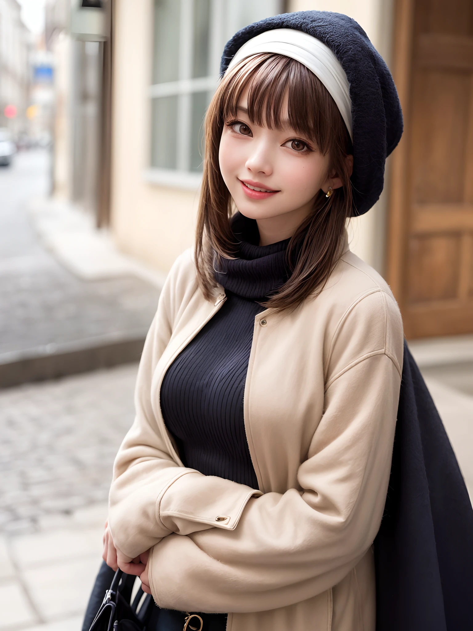 (​masterpiece, top-quality、Very attractive adult beauty、Add intense highlights to the eyes),1girl in, 独奏, A dark-haired, scarf, Hats,, realisitic, looking at the viewers, black eyes of light color, shorth hair, coat, Winter clothes, White headscarf, s lips, lipgloss，bangss, The upper part of the body、big eye、Lashes)、((Road system in Italy))、((Shorthair with bangs、big eye、Put very strong highlights in your students、very Bigger breasts、gazing at viewer、Very beautiful beauty、Put your ears out、long neck、little smiling、Beautiful teeth、Open your mouth and smile))、28 year old、Very cute supermodel