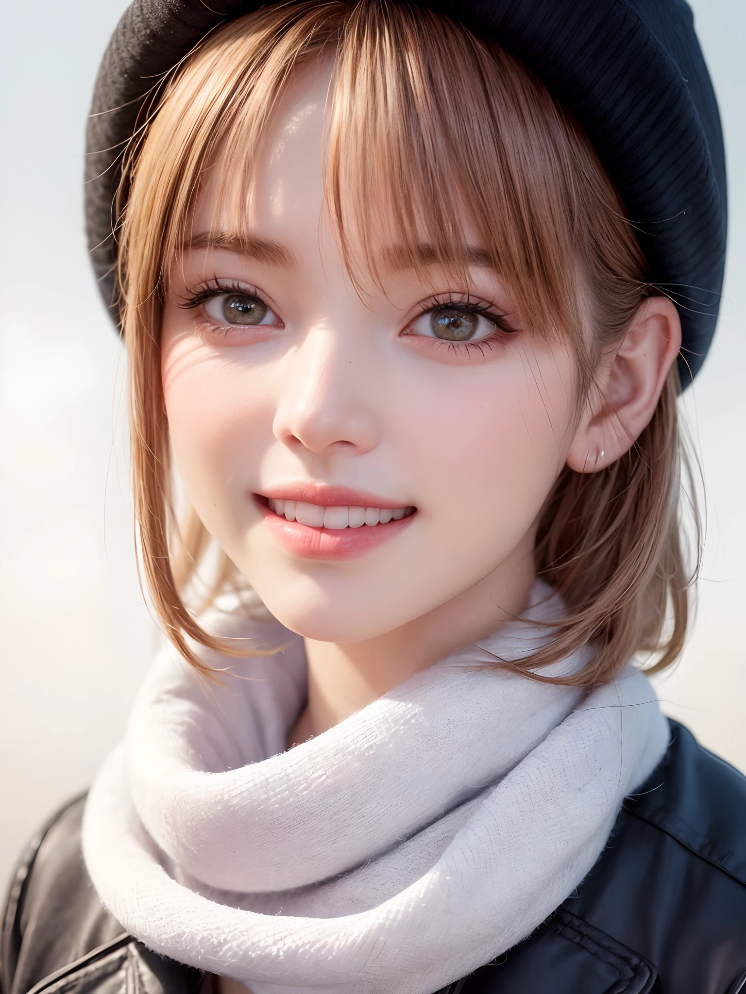 (masterpiece, top-quality、Very attractive adult beauty、Add intense highlights to the eyes),1girl in, 独奏, A dark-haired, scarf, Hats,, realisitic, looking at the viewers, black eyes of light color, shorth hair, coat, Winter clothes, White headscarf, s lips, lipgloss,bangss, The upper part of the body、big eye、Lashes)、((Road system in Italy))、((Shorthair with bangs、big eye、Put very strong highlights in your students、very Bigger breasts、gazing at viewer、Very beautiful beauty、Put your ears out、long neck、little smiling、Beautiful teeth、Open your mouth and smile))、28 year old、Very cute supermodel