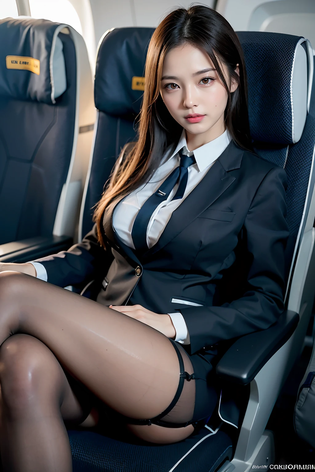 Sexy woman in stewardess uniform、ukranian、Ukrainian goddess、jaw-dropping beauty、Wearing surreal pantyhose、Sit cross-legged on the plane............、A Smile、high-heel、gaming_NFFSW (english) (english) (english) (english) (english) (english) (english) (english) (english) (english) (english) (english) (english), masutepiece, Best Quality, Photorealcitic, Raw foto、8K, high resolucion, Detailed skins, 8K UHD, Digital SLRs, Soft lighting, High Quality, film grain, FUJIFILM XT3, Realistic Skin Textures、shinny skin、exposed thighs!!!