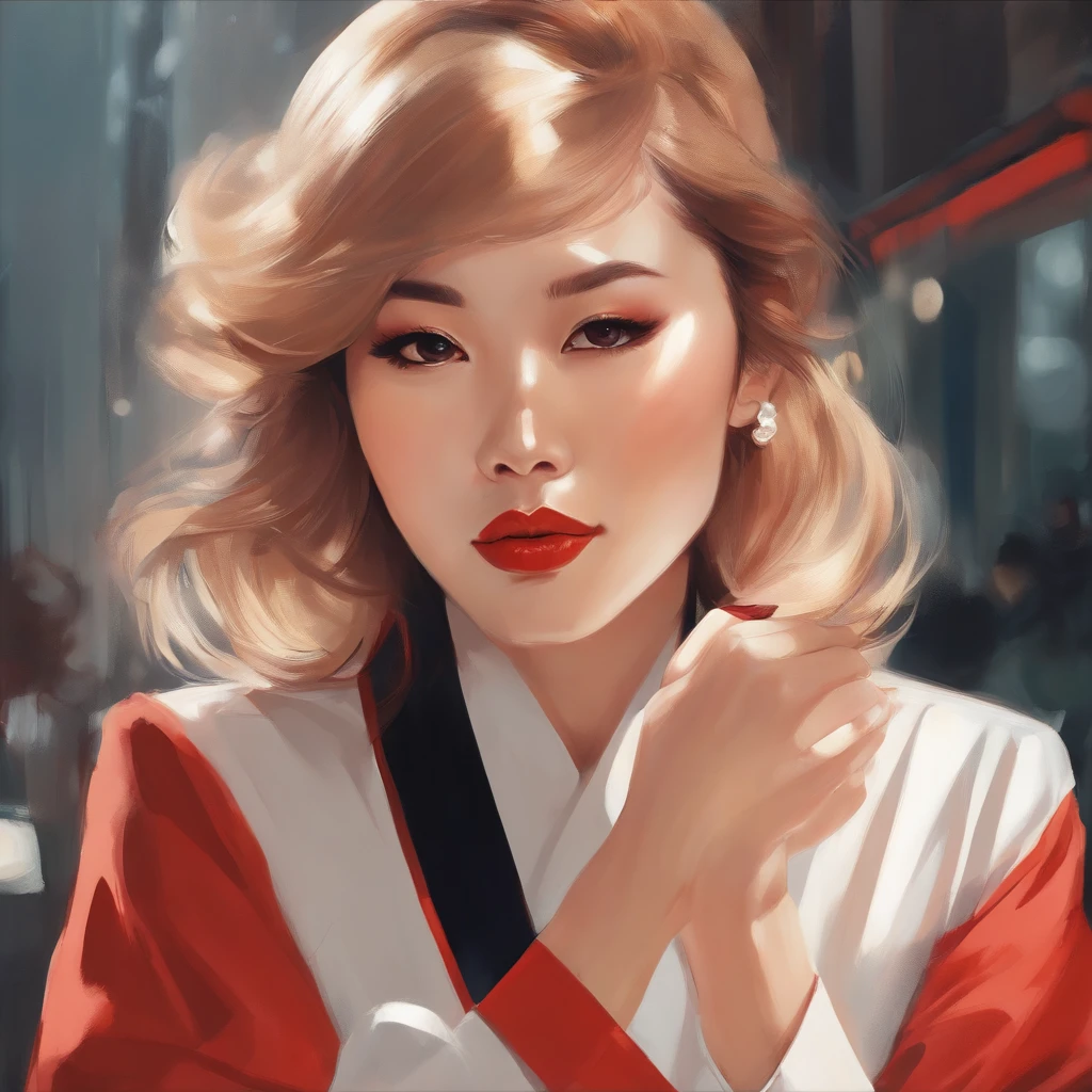 attractive japanese woman, portrait by Ilya Kuvshinov, Raymond Swanland, by Akihiko Yoshida, by Conrad Roset, by Sachin Teng, stylized, elegant, classy, perfect angle, 90s Tokyo fashion style, Akihabara, Harajuku fashion, loose clothes, shiny accessories, shinobi, low angle