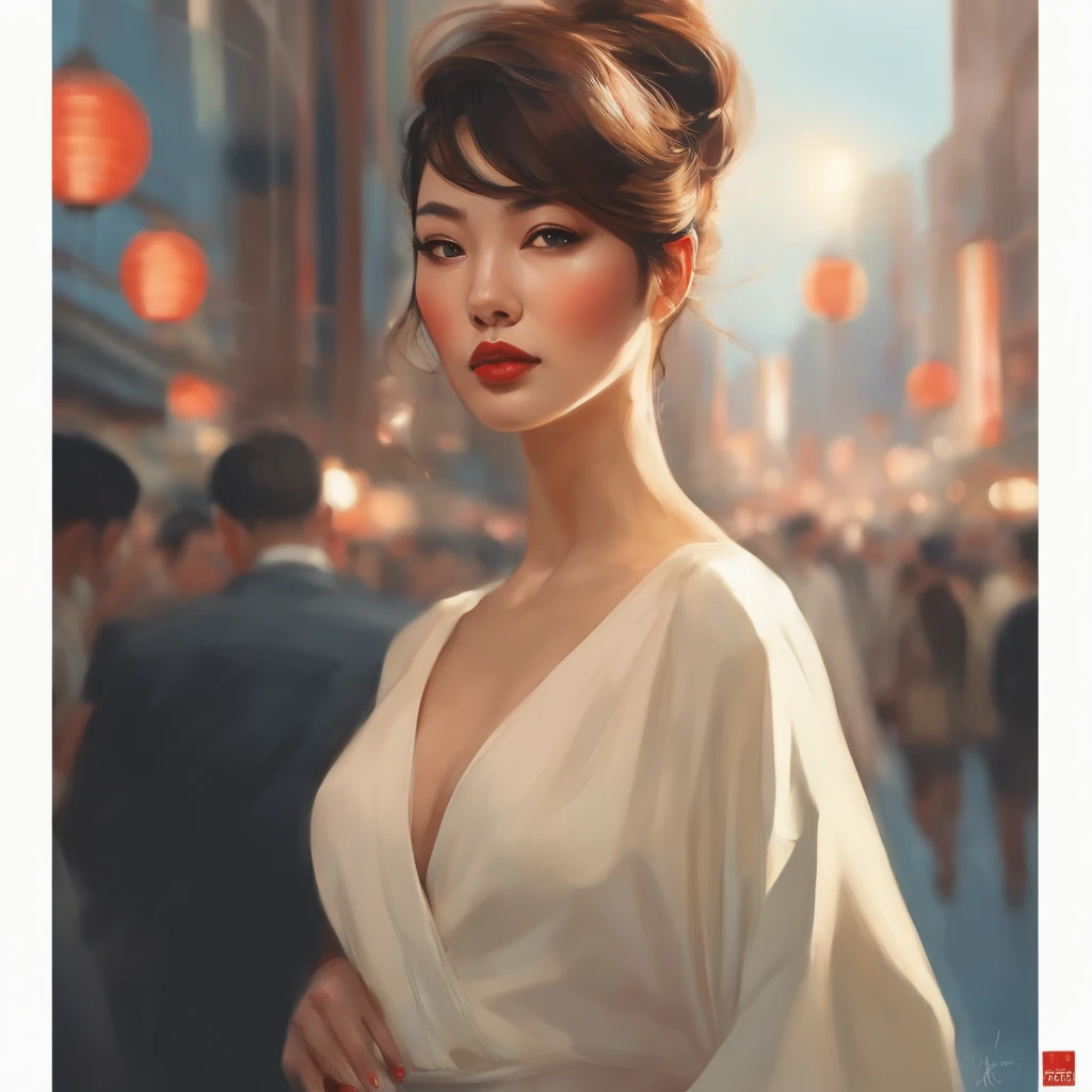 attractive japanese woman, portrait by Ilya Kuvshinov, Raymond Swanland, by Akihiko Yoshida, by Conrad Roset, by Sachin Teng, stylized, elegant, classy, perfect angle, 90s Tokyo fashion style, Akihabara, Harajuku fashion, loose clothes, shiny accessories, shinobi, low angle