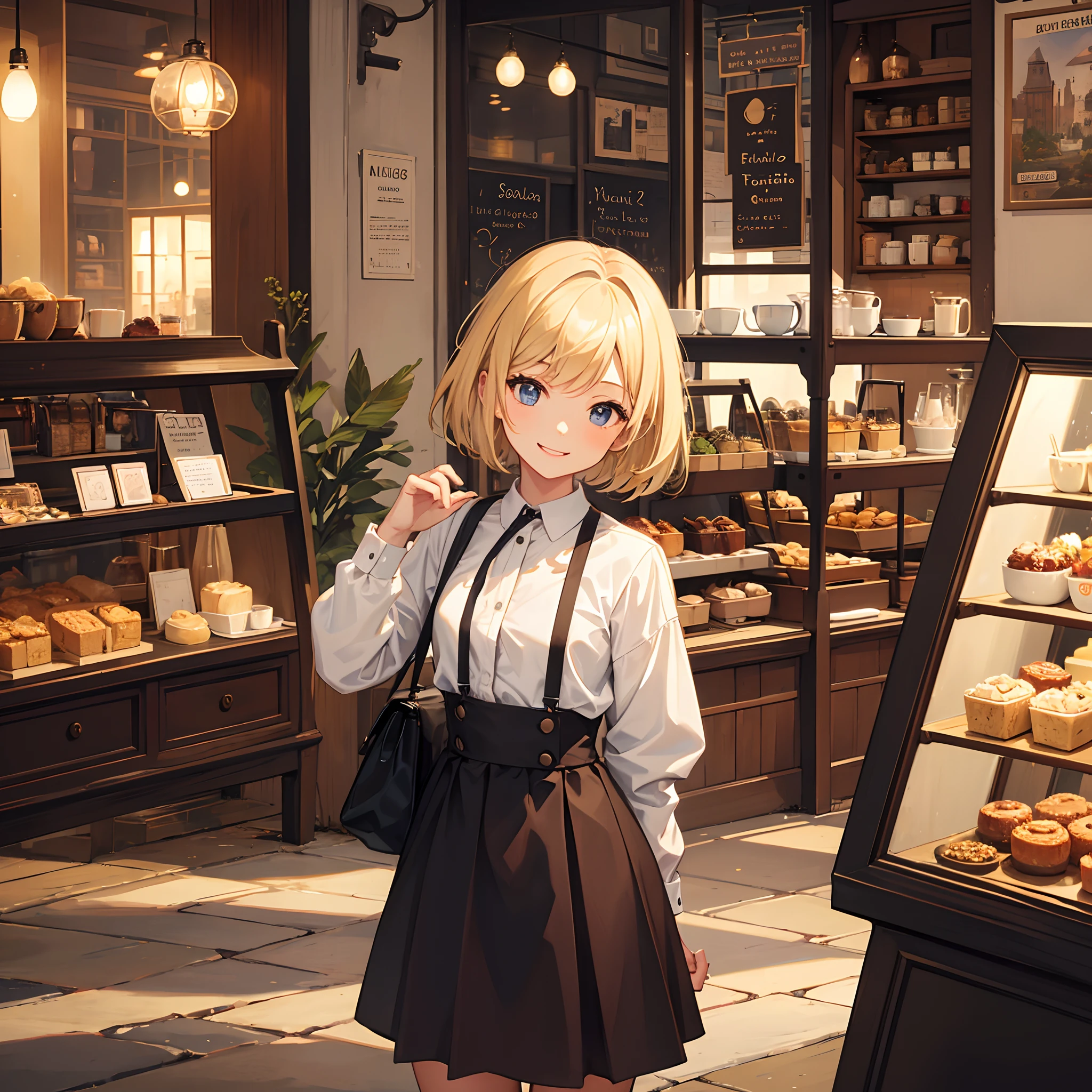 Masterpiece, 1 girl, smiling, european, skirt, (small) chillerism, short blonde hair, coffee shop, autumn