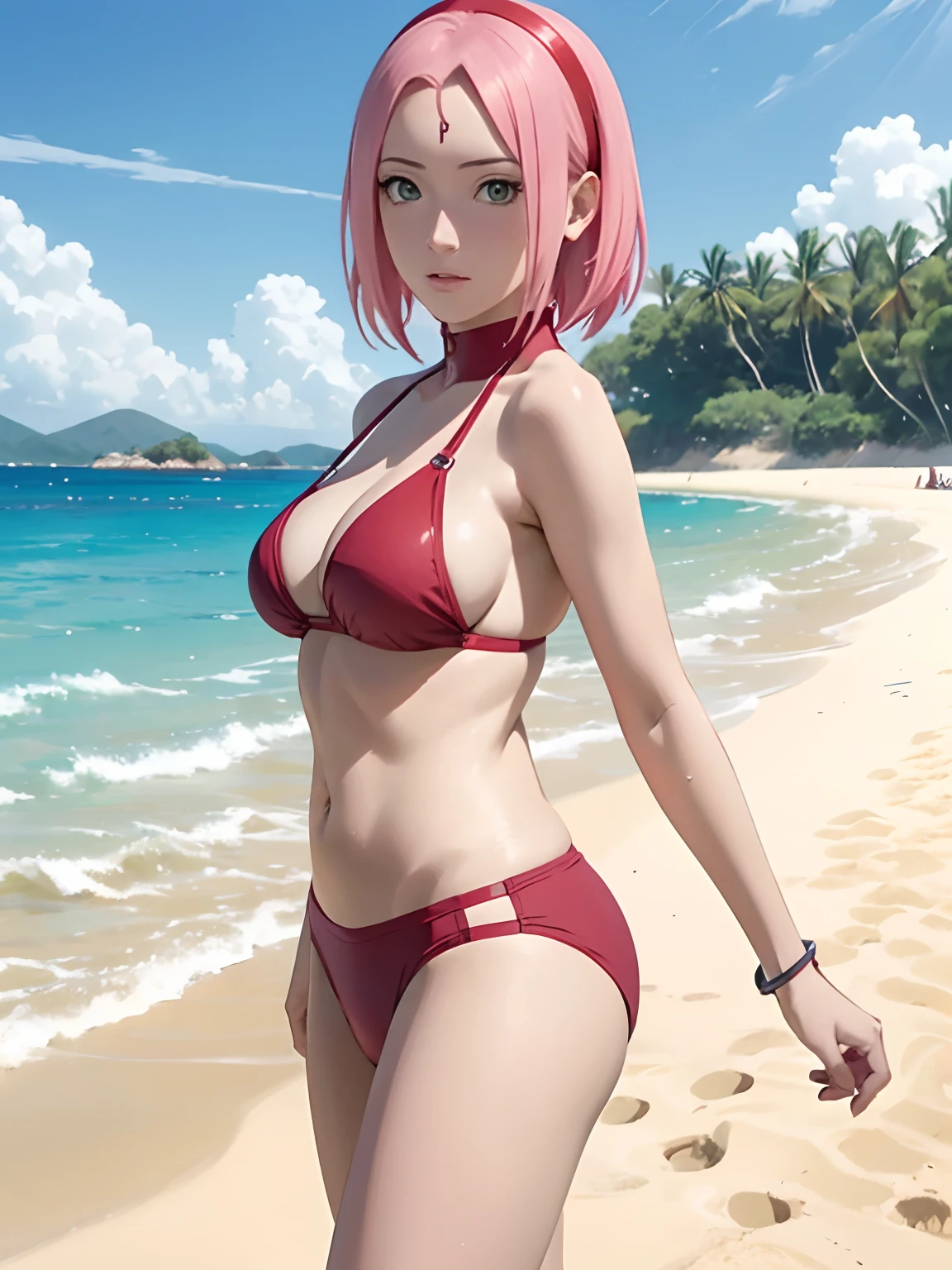 Sakura Haruno, playa, bikini rojo, cabello roza, Personaje de anime, Maximum resolution, Well-detailed lines, bold lines, Rostro bien detallado, mano bien detallada, eliminar logo, sin marca de agua, adolescente, cuerpo perfecto, Sakura haruno