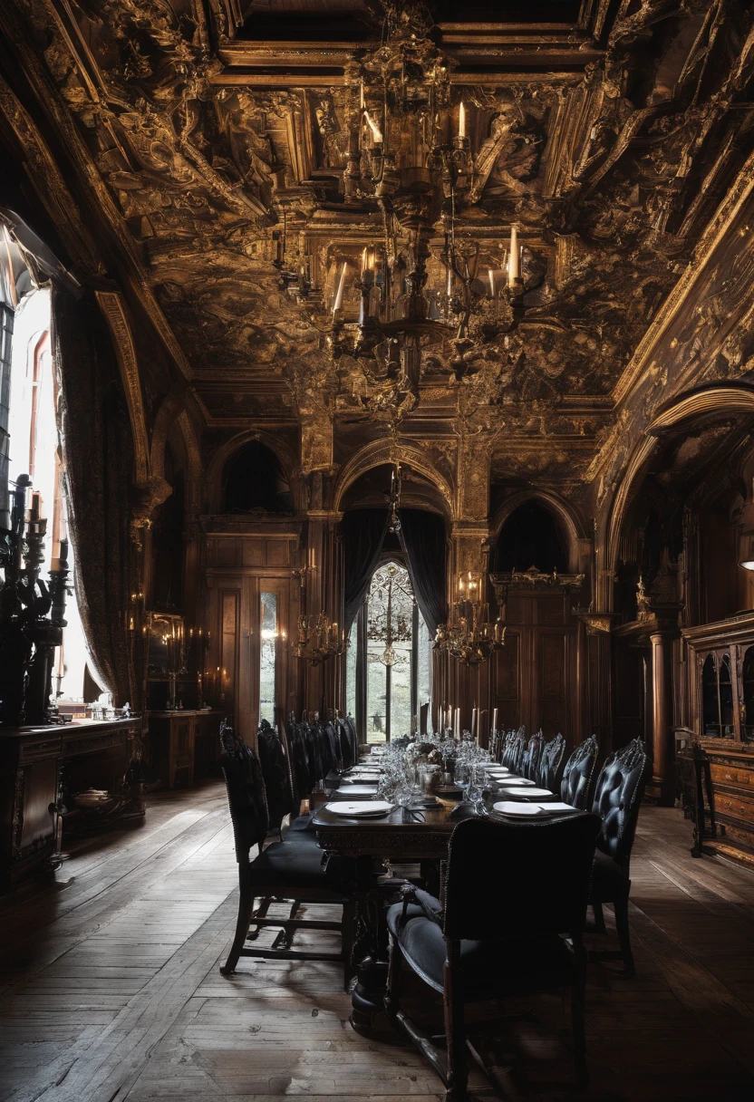 A grand dining hall in an English Manor set for breakfast