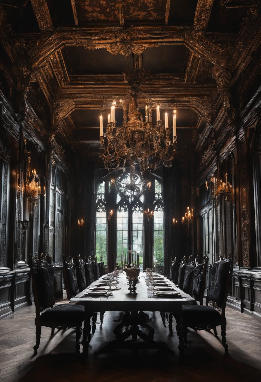 A grand dining hall in an English Manor set for breakfast