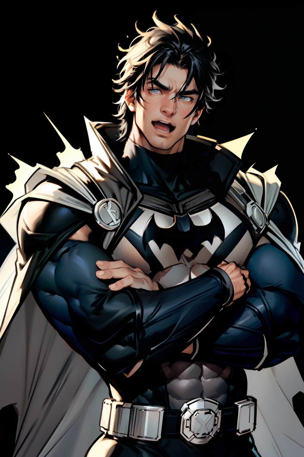 jim lee, 1boy, batman abs, bara, black hair, gray bodysuit, blue eyes, bodysuit, cape, open mouth, crossed arms, large pectorals, male focus, muscular, muscular male, pectoral lift, pectorals, black cape, short hair, simple background, solo, superhero, upper body,flat style , ((masterpiece))