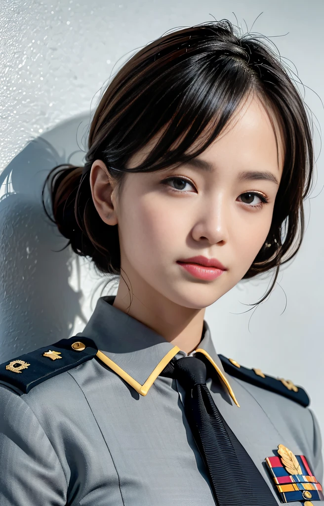 Highest image quality, outstanding details, ultra-high resolution, (realism: 1.4), ((middle shot:0.75)), highly condensed 1lady, with beautiful and a delicate face, perfect proportion, (wearing rpolice uniform), background simple grey wall,