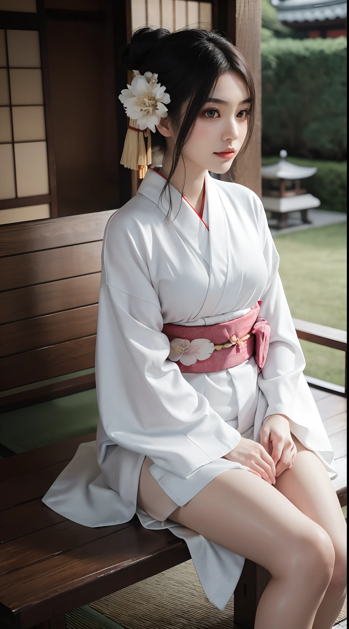 8K, RAW photos, Best quality, Masterpiece: 1.2),(best qualtiy,8K, Yes,32K,masterpiece,hyper HD:1.2) , 20 years old, araffe asian woman in a kimono sitting on a bench, wearing a simple robe, in kimono, wearing simple robes, japanese goddess, japanese model, in a kimono, elegant japanese woman, wearing kimono, wearing a long flowing robe, kimono, classy yukata clothing, japanese clothes, wearing a luxurious silk robe, japanese kimono, pale and coloured kimono, in robes
