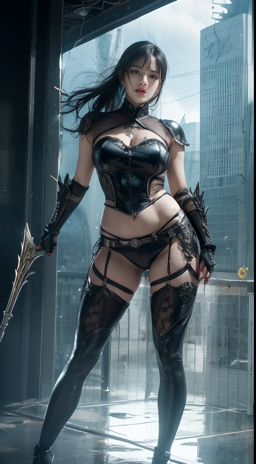 Realistic, 35mm, Intricate details, hdr, Intricate details, Highly detailed, Natural skin texture, Real, Sharp, 1 girl, Chinese, Blush, Black eyes, Fine black hair, full body, detailed background, detailed face, (1nf3rnalAI , hell theme: 1.1), strong expression, dynamic pose, glass robot, (made of glass: 1.1), translucent, glass structure, warrior, glass shield, dirty glass, machine, power, magic symbol, mysterious power, floating particles , reflections, wind, background storm, movie atmosphere,