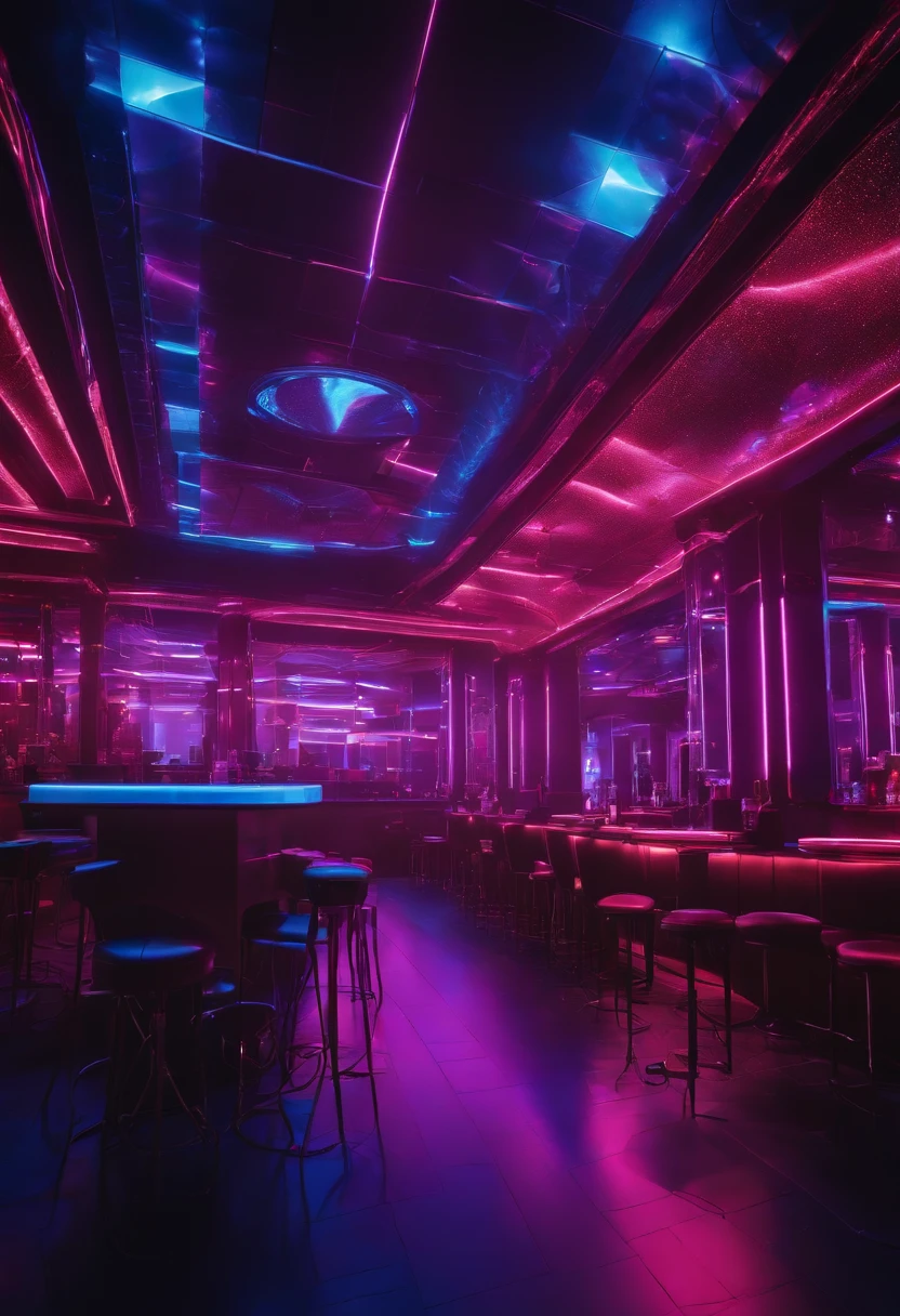 brightly lit room with tables and chairs and a ceiling with lights, a hologram by derek zabrocki, pexels, interactive art, vip room, cyberpunk nightclub, intricate sparkling atmosphere, night club, magical colours and atmosphere, virtual metaverse room, psychedelic lighting, nightclub, magical colors and atmosphere, reflecting light in a nightclub, sci-fi night club