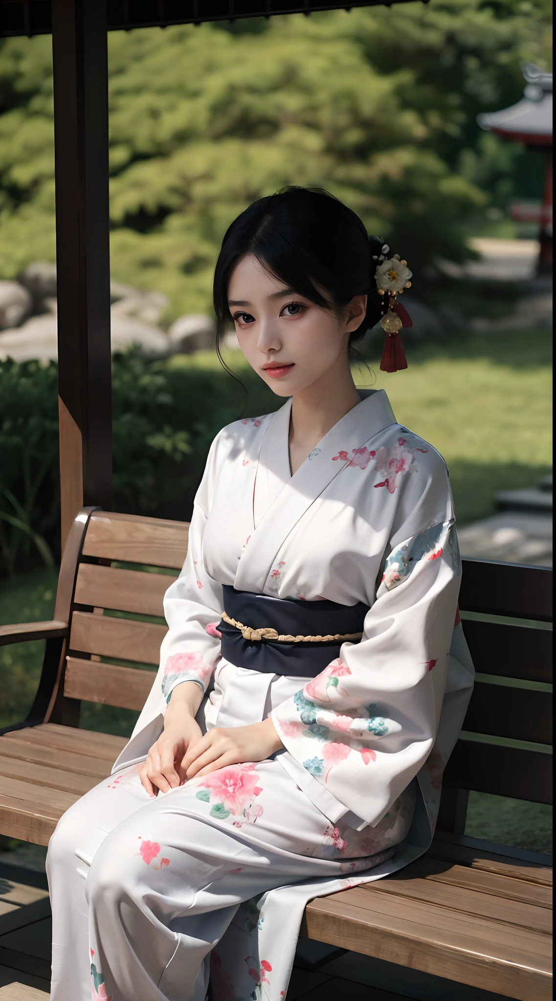 8K, RAW photos, Best quality, Masterpiece: 1.2),(best qualtiy,8K, Yes,32K,masterpiece,hyper HD:1.2) , 20 years old, araffe asian woman in a kimono sitting on a bench, wearing a simple robe, in kimono, wearing simple robes, japanese goddess, japanese model, in a kimono, elegant japanese woman, wearing kimono, wearing a long flowing robe, kimono, classy yukata clothing, japanese clothes, wearing a luxurious silk robe, japanese kimono, pale and coloured kimono, in robes