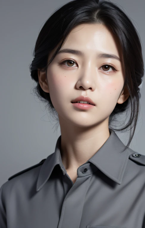 Highest image quality, outstanding details, ultra-high resolution, (realism: 1.4), ((middle shot:0.75)), highly condensed 1lady, with beautiful and a delicate face, (wearing police uniform), background simple grey wall,