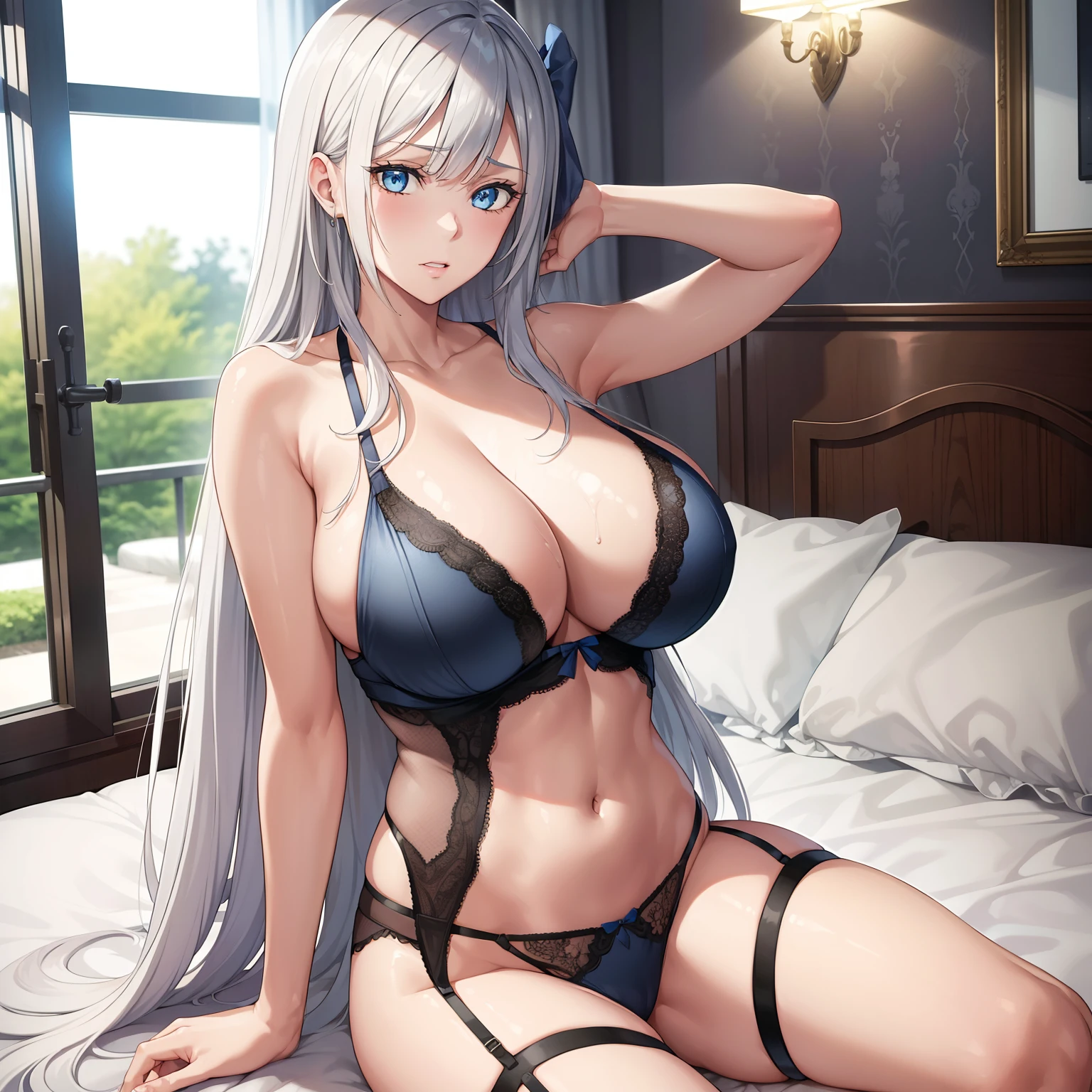 1girl,big breasts,hotel room,bed,(8k),
,detailed face,white hair,blue eyes,long hair,embarassed,shy,high_res, high_definition,battlefield,sexy pose,black sexy lingerie,