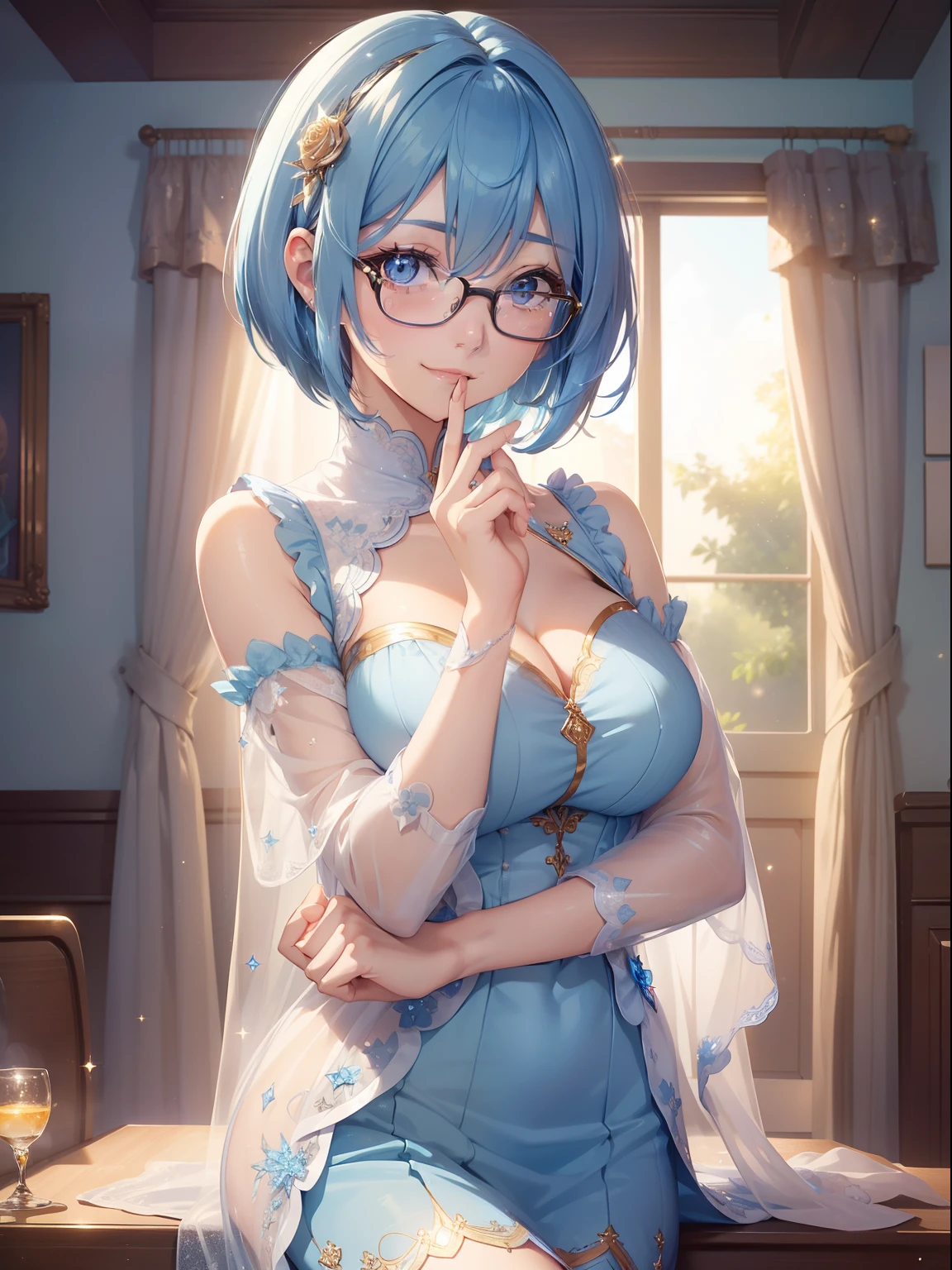 masutepiece, High resolution, 8K, anime woman, Delicate and detailed writing 、Detailed digital illustration、(((Pixie Bob)))、Shiny hair、a very beautiful woman、Eyes are double, Large,、 Bust is D cup、High image quality, High quality、Detailed background、The inside of the eye shines like a diamond、(((Blue hair)))、(((swept bangs)))、Gradient pupil、(((2 arms、4 fingers, 1 thumb)))、Detailed female face、a very beautiful woman、、细致背景、masterpiece、Soft Focus , Bright gradient watercolor , Lens Flare , (((Glitter))) , Glow , Dreamy ,、a miniskirt、Idol、Light blue ribbon、((Very beautiful light blue rose hair accessories))、White and light blue and golden costume、(((wears glasses)))、intelligent woman,(((idol clothes)))、A smile、Luxury room background、(((Face Close-up)),Eyes with blue gradient glow、Full lol、