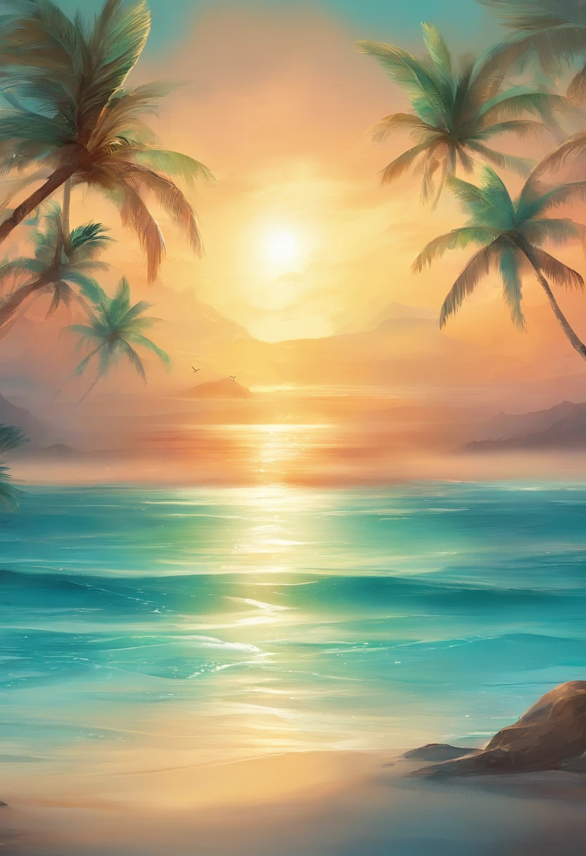 A paradisiacal beach, com areia branca e fina, crystal clear turquoise waters and coconut palms gently swaying in the wind. The sun shines brightly in the sky, Reflecting on the calm surface of the sea.