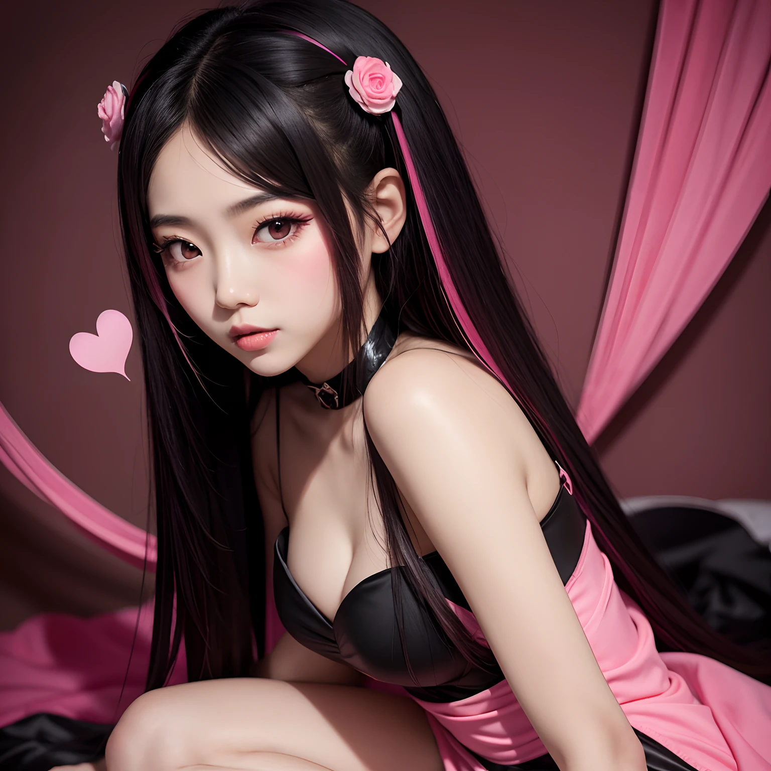 Asian girl with long black hair with pink highlights and a black dress in cupid theme