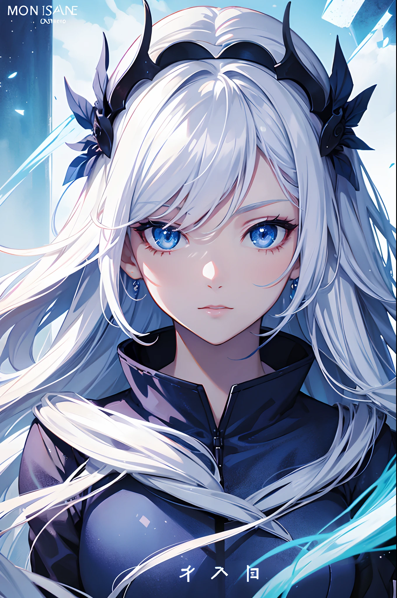 Cover magazine, anime, woman, solo, long hair, white hair, blue eyes, model, beautiful, half body potrait, fantasy, ice.