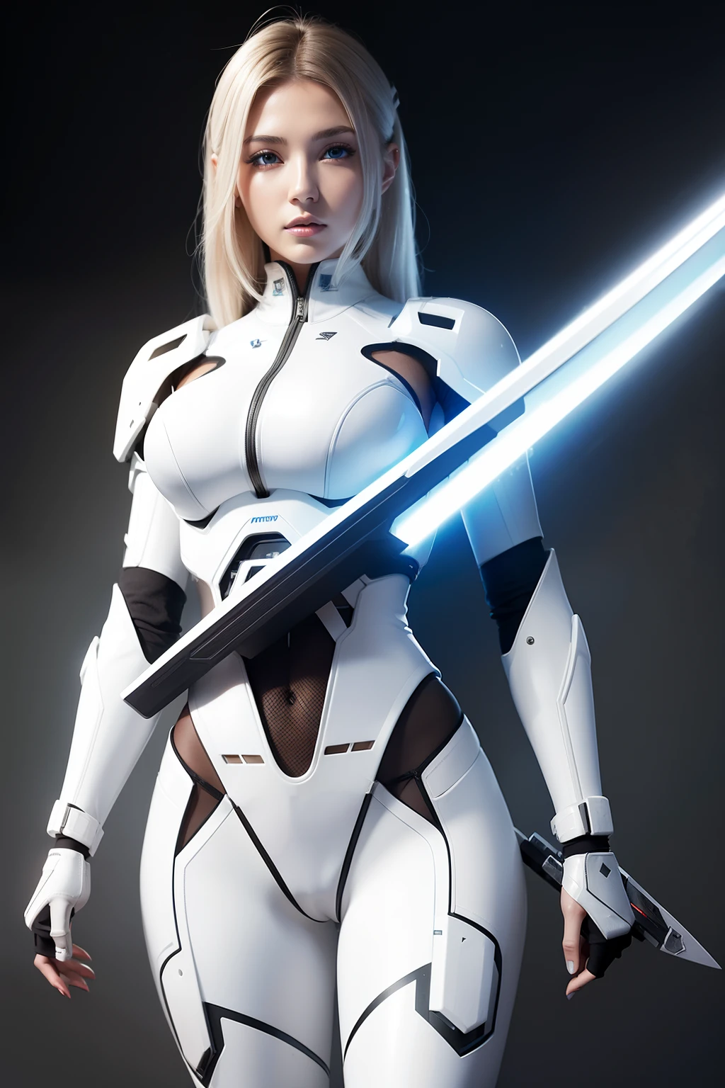 Woman in white suit holding sword, Mecha Iron White Futuristic Armor Clean Modern Simple Elegant, Porcelain Cyborg Armor, SF Women's Army、Holding a lightsaber in your hand