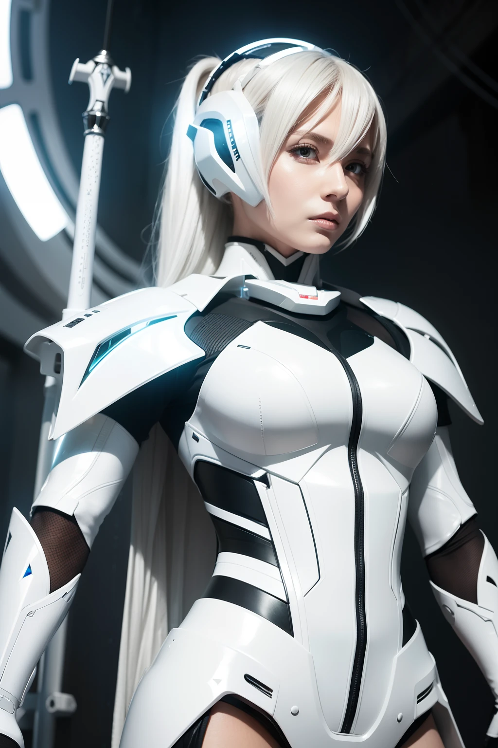 Woman in white suit holding sword, Mecha Iron White Futuristic Armor Clean Modern Simple Elegant, porcelain cyborg armor, SF Women's Army、ariana grade、Holding a lightsaber in your hand,,perfect body,(lie:1.3),