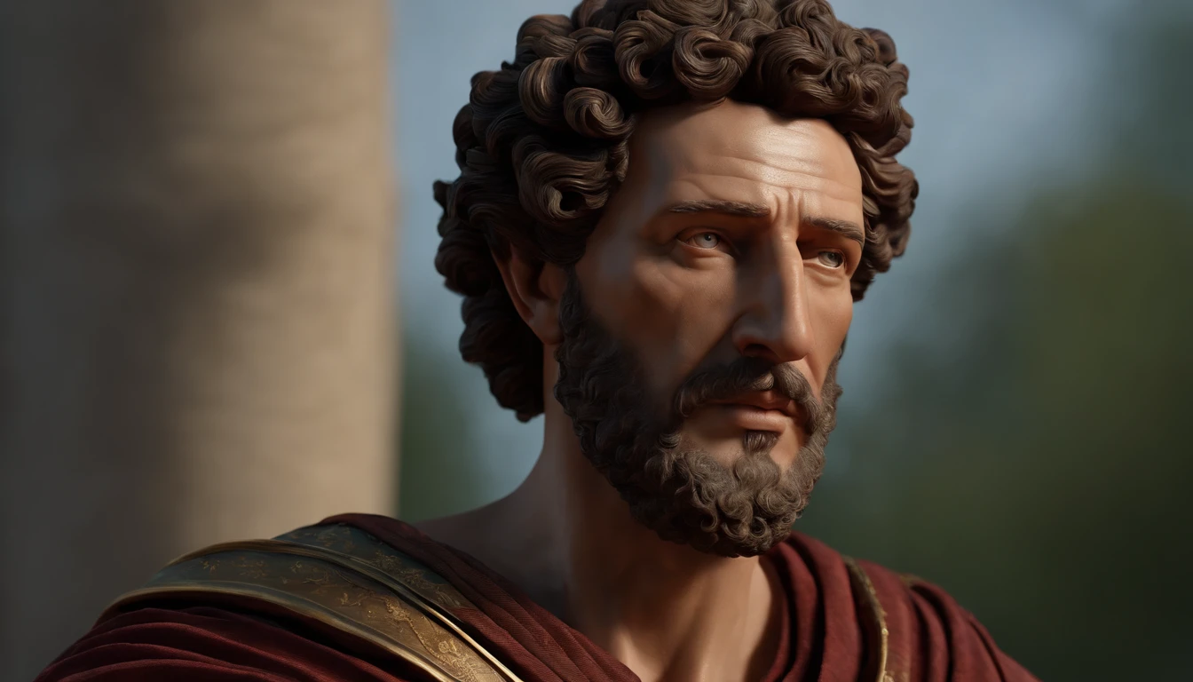 real, master piece, image of Marcus Aurelius - shoulders and head, photorealistic, NO double hands, realistic eyes, nose and mouth, curly hair, old man, ultra-realistic eyes, high quality, Best Lightning, Looking at a point