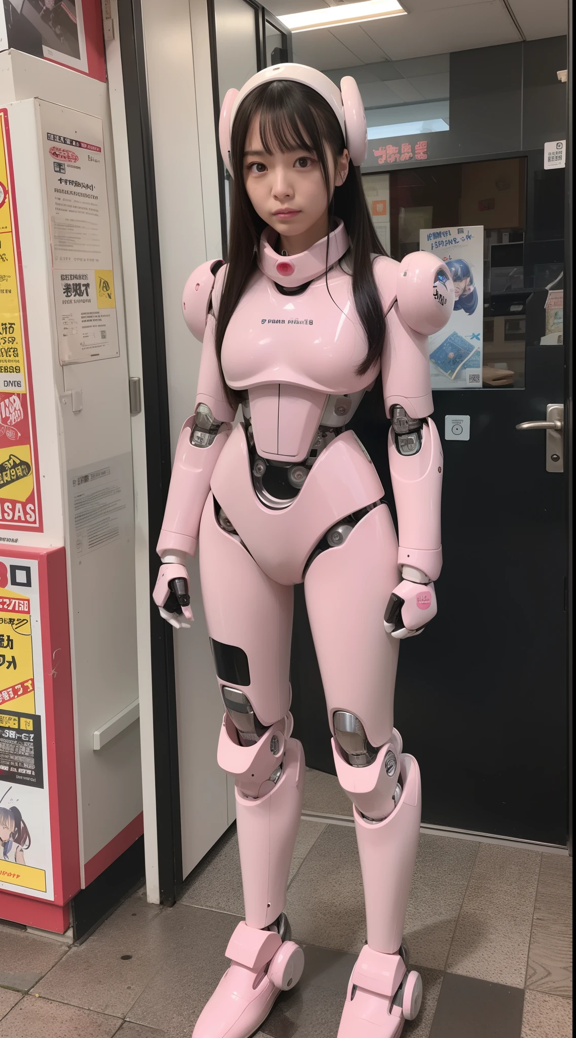 cyborgs, Pink, Silver, metalic, Robot Parts, Metal Parts, Super Detailed Face, Super Cropped Face, of the highest quality, a small face, Full body, Standing, Black hair, Thin, Camera gaze, Internal Mechanical Exposure, Idol, Live action,, 9 head body, gravure, Photo session, akihabara, Moe Pose, Frontal, Model body type, sad, Embarrassing,(Perfect Robot Girl),(Perfect machine body)