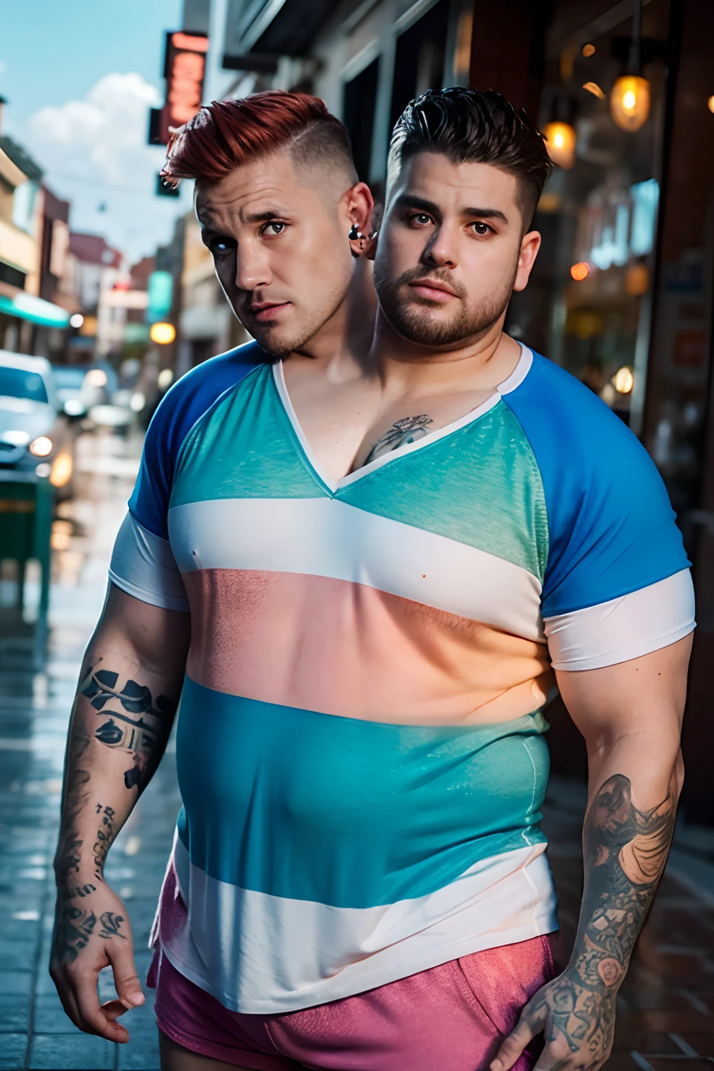 (((2heads))), realistic photography, a very sweaty pale 28 year old obese man, chubby, tattoos, piercings, Swedish, colombian, thicc,,,very pale skin, beach tan, (big bulge:1.3),fit, red hair with highlights , platinum blonde,detailed eyes, , , unathletic, very wide shoulders,(wearing a colorful two tone v-neck raglan half and half shirt , raglan micro shorts ) :1.5,wet, ,drenched:1.5, sweaty:1.7, beautiful hair, , unathletic, busy outdoor mall background,,,full body, realistic, detailed, holding a bucket of beer bottles