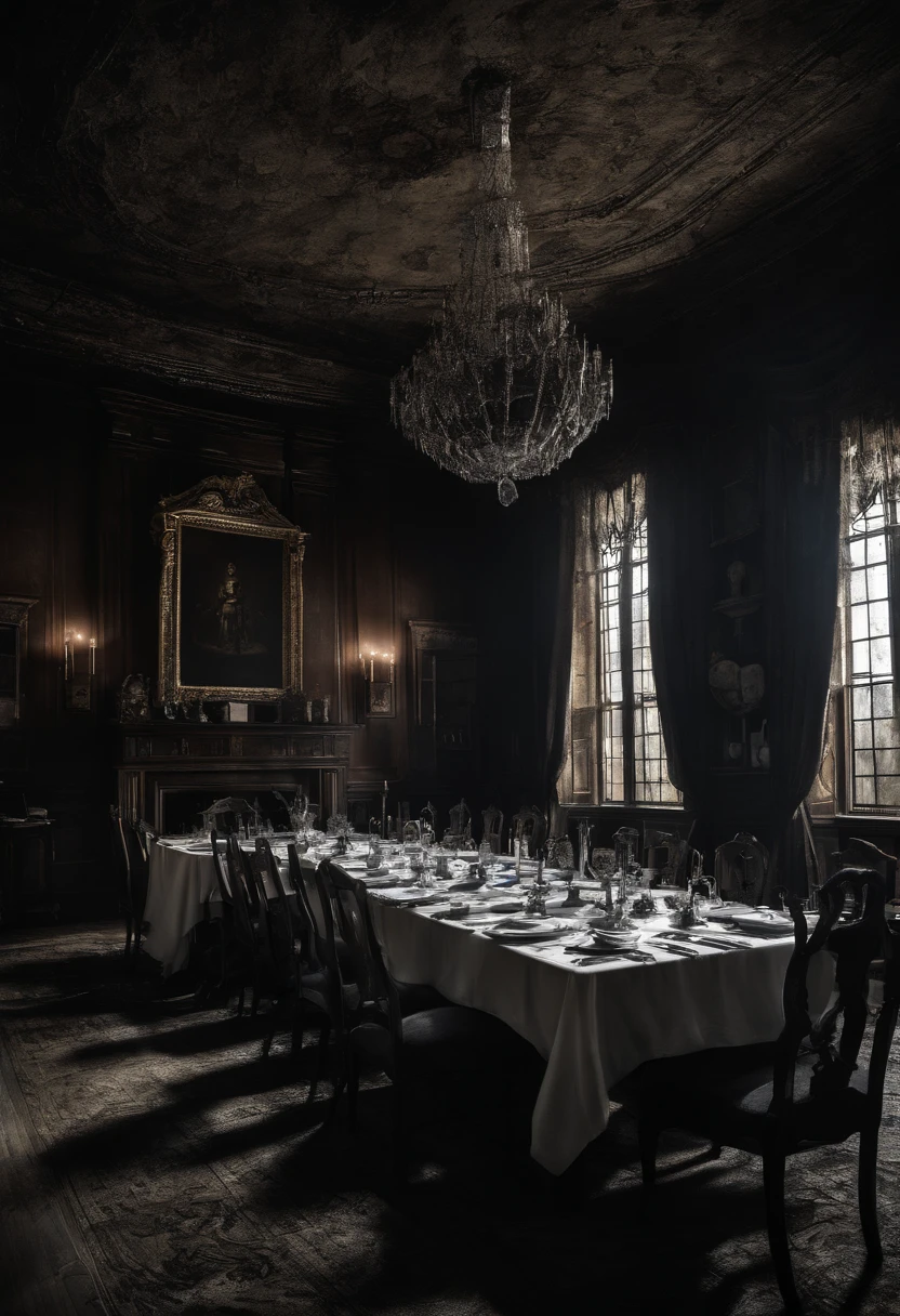 A grand dining hall in an English Manor set for breakfast
