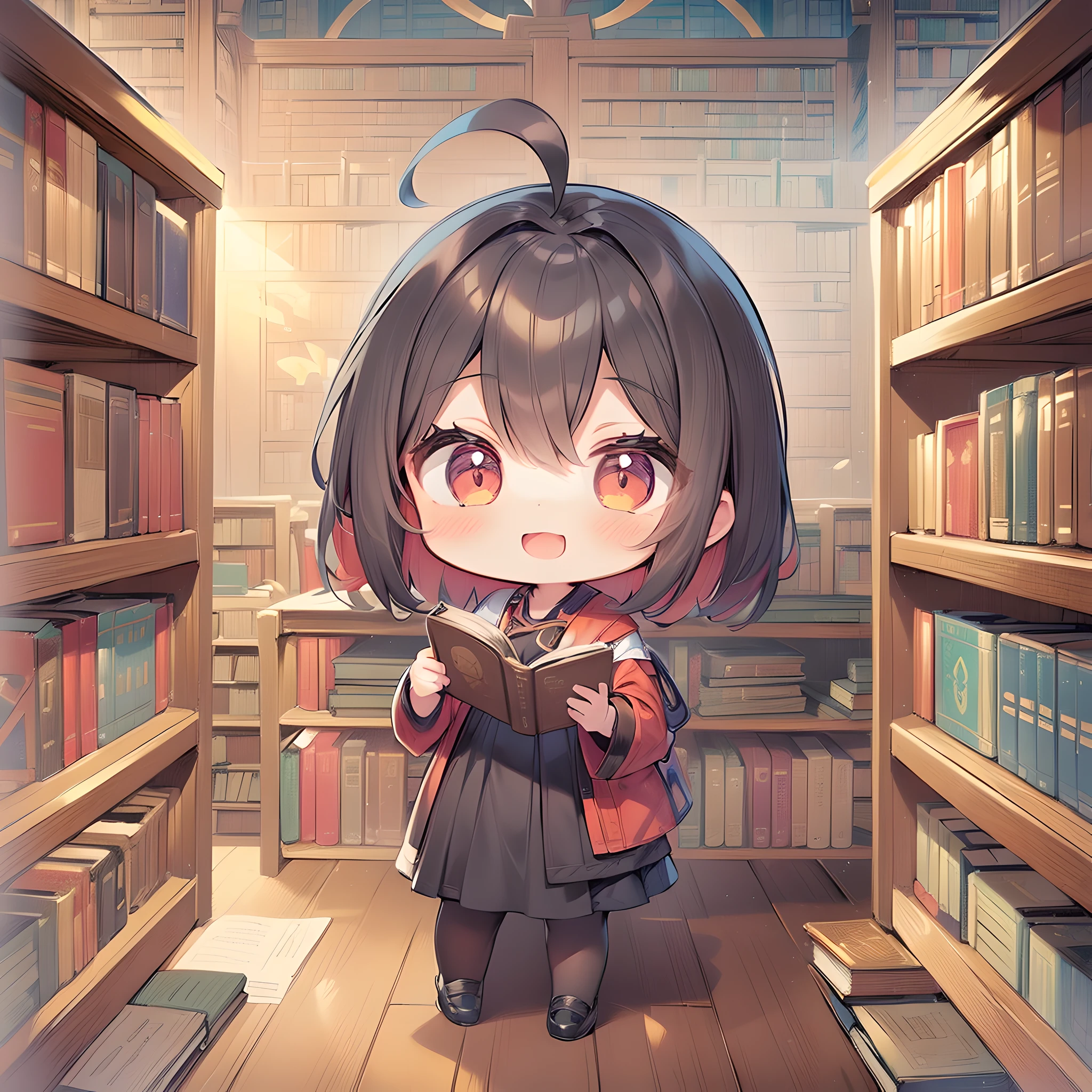(((masutepiece))), Best Quality, Extremely detailed, (Librarian costume:1.4), (((girl with))), (((Solo))), Happy, Full body, (((read a book))), Ahoge, (((Deformed))), (((Chibi Character))), (((Library))),,