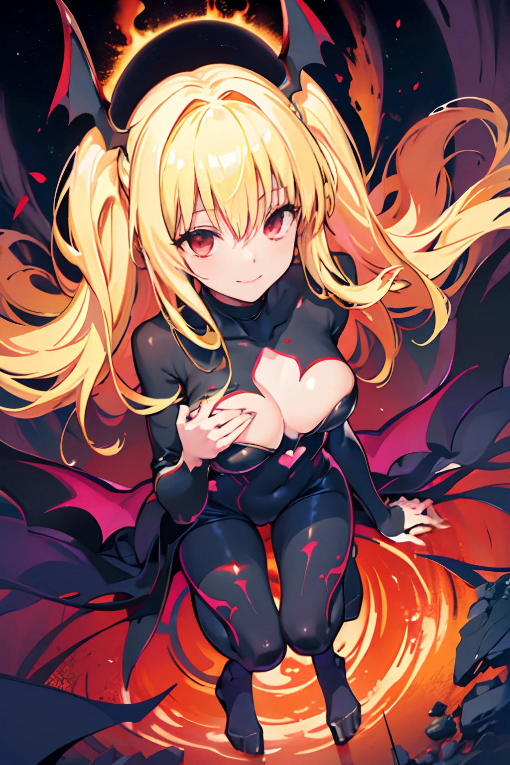 Carefully draw the face　5  girl　High-quality faces in anime style　a blond　Shiny black full body suit　Red lines all over the body　seductiv　a smile　Morrigan Aensland　Sit up