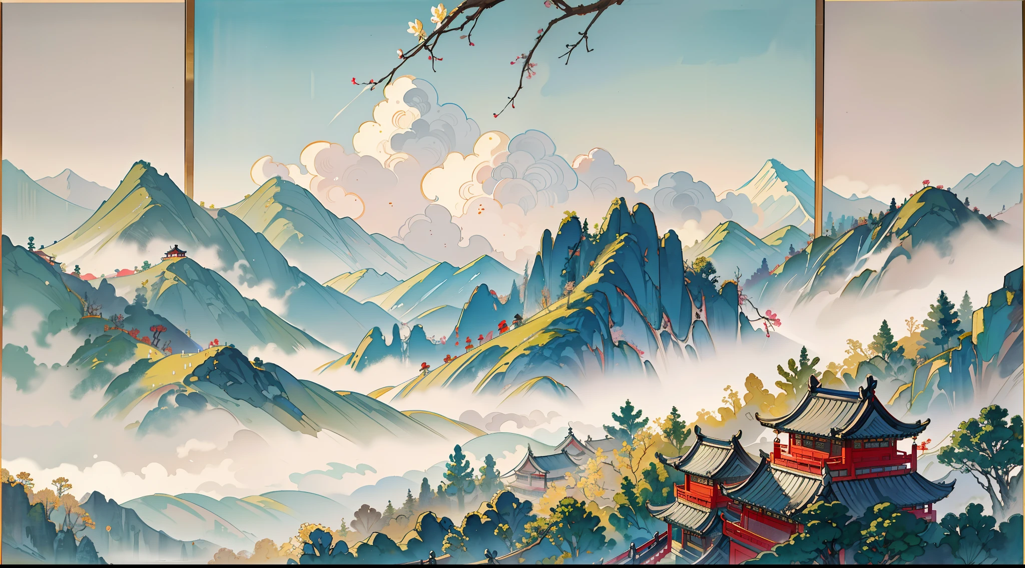 Ink wash painting of a serene mountain landscape featuring chrysanthemums during the Double Ninth Festival in China. The artwork is inspired by the style of Ni Chuanjing and showcases clean and vibrant colors. The ink wash technique is beautifully rendered with gentle and elegant brushstrokes, creating a sense of tranquility and harmony. The composition is carefully crafted with decisive cut-outs and deliberate use of empty spaces, allowing for a balanced and expressive depiction. This masterpiece captures every intricate detail of the scenery, presenting a visually stunning and high-quality artwork. The ancient aesthetics of the painting evoke a sense of nostalgia and traditional Chinese culture.