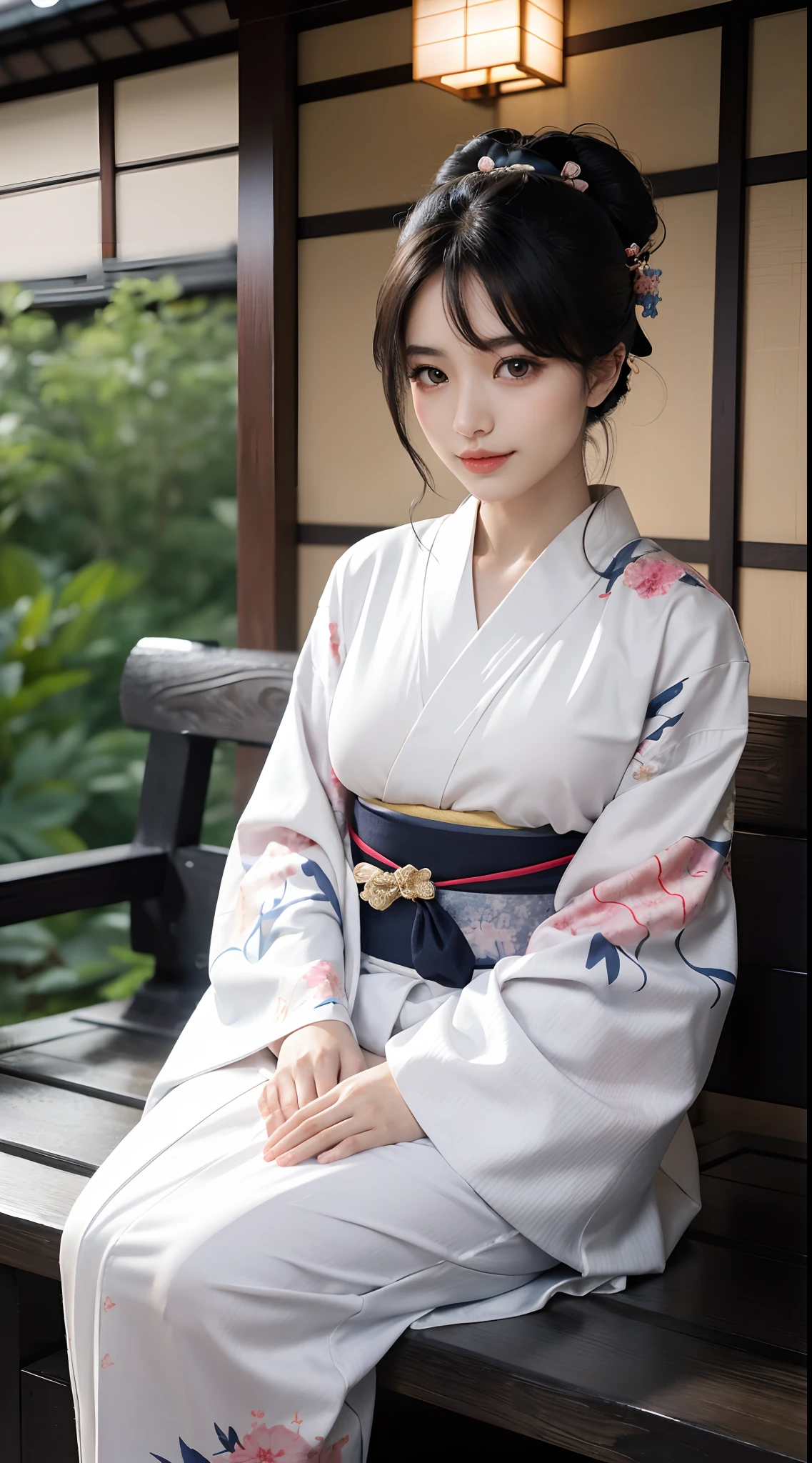 8K, RAW photos, Best quality, Masterpiece: 1.2),(best qualtiy,8K, Yes,32K,masterpiece,hyper HD:1.2) , 20 years old, araffe asian woman in a kimono sitting on a bench, wearing a simple robe, in kimono, wearing simple robes, japanese goddess, japanese model, in a kimono, elegant japanese woman, wearing kimono, wearing a long flowing robe, kimono, classy yukata clothing, japanese clothes, wearing a luxurious silk robe, japanese kimono, pale and coloured kimono, in robes
