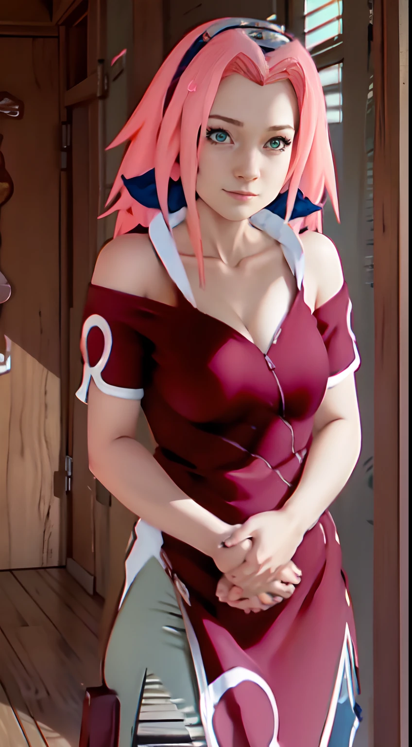 tmasterpiece, Best quality at best, 1girll, Sakura Haruno, Large breasts,Off-the-shoulder attire,(cleavage),(upperbody closeup),Raised sexy,is shy,ssmile,with pink hair, long whitr hair, (Green eyeballs:1.4), Forehead protection, the cherry trees,Cherry blossoms flying,Red clothes,Zipper half