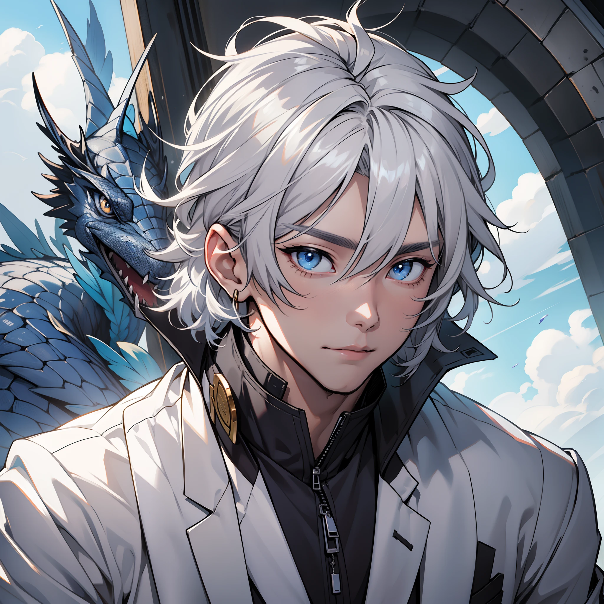 Angel mask, tmasterpiece，Need，超高分辨率，shoun，White suit，(Short silver-gray hair)，blue color eyes，Libido boy,scales，Clouds，Kamimei