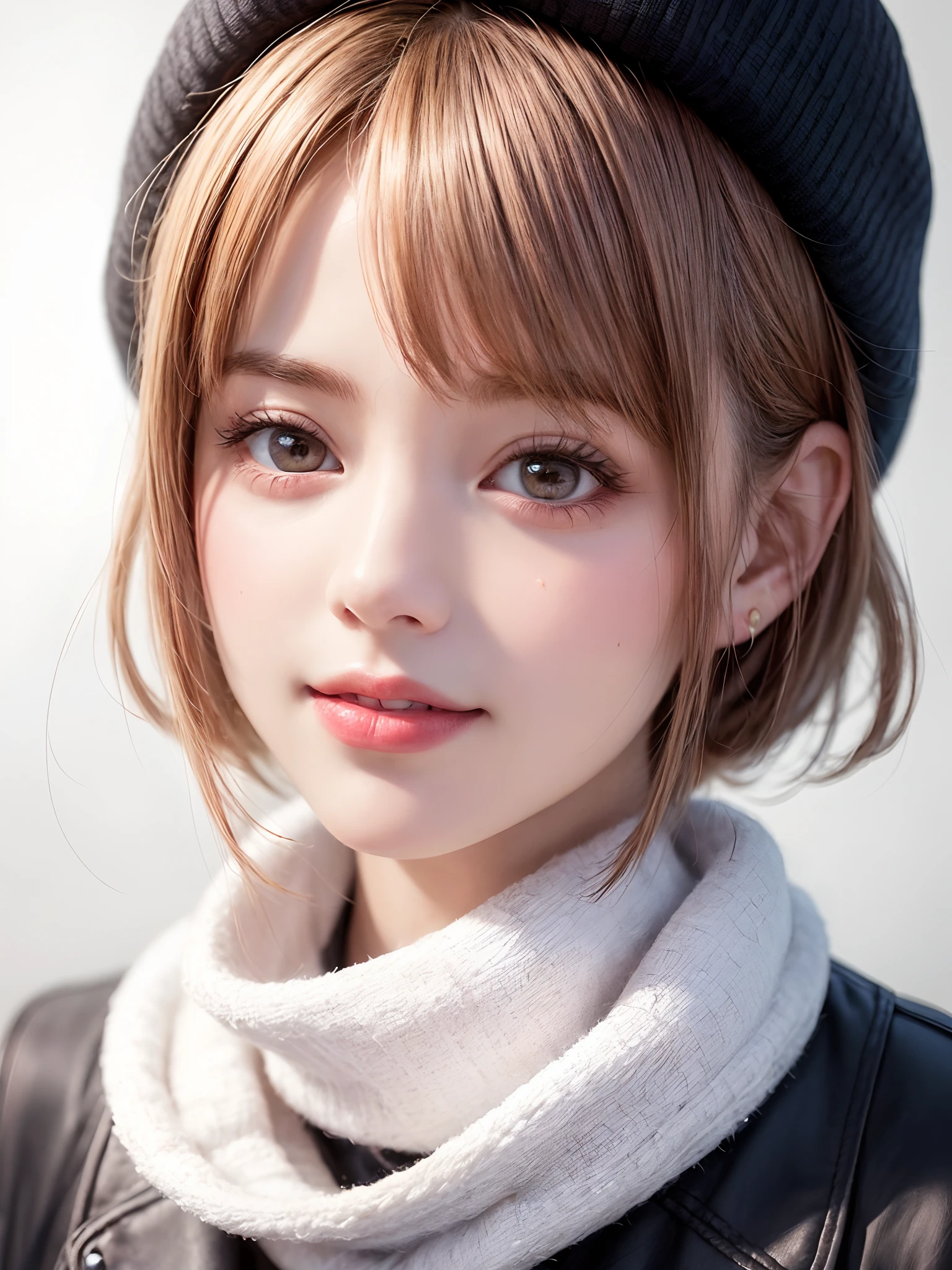 (masterpiece, top-quality、Very attractive adult beauty、Add intense highlights to the eyes),1girl in, 独奏, A dark-haired, scarf, Hats,, realisitic, looking at the viewers, black eyes of light color, shorth hair, coat, Winter clothes, White headscarf, s lips, lipgloss,bangss, The upper part of the body、big eye、Lashes)、((Road system in Italy))、((Shorthair with bangs、big eye、Put very strong highlights in your students、very Bigger breasts、gazing at viewer、Very beautiful beauty、Put your ears out、long neck、little smiling、Beautiful teeth、Open your mouth and smile))、28 year old、Very cute supermodel