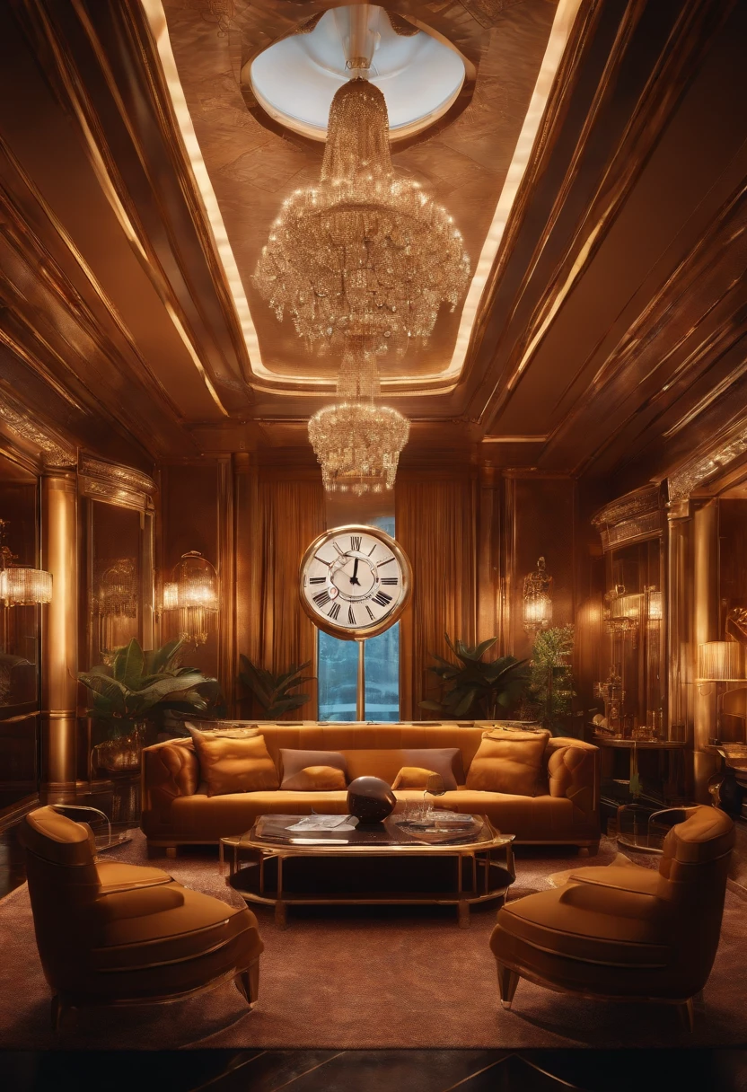 arafed room with a couch and a table with a clock on it, a digital rendering by Aleksander Kotsis, pixabay, maximalism, vip room, lv, virtual metaverse room, luxurious environment, ornate cyberpunk interior, lv jewelry, hyper luxurious, hyper maximalist, taken in 2 0 2 0, louis vuitton, luxury lifestyle, futuristic casino