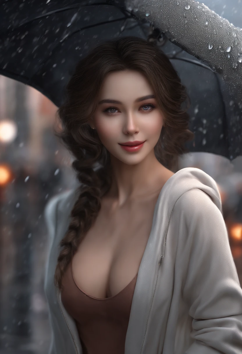 ((Best Quality, 8K, Masterpiece:1.3)), Focus: 1.2, Perfect Body Beauty: 1.4, Buttocks: 1.2, ((Layered Haircut, Breasts: 1.2)), (Wet Clothes: 1.1), (Rain, Street:1.3),  Smile one shoulder rib knit sweater: 1.1, Highly Detailed Face and Skin Texture, Fine Eyes, Double Eyelids, Whitening Skin, Long Hair, (Shut Up: 1.3),