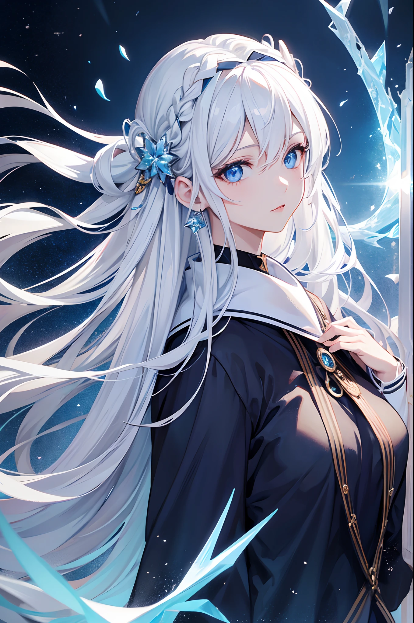 Cover magazine, anime, woman, solo, long hair, white hair, blue eyes, model, beautiful, half body potrait, fantasy, ice. Casual clothes. Hair accessories. Unusual hairstyles.
