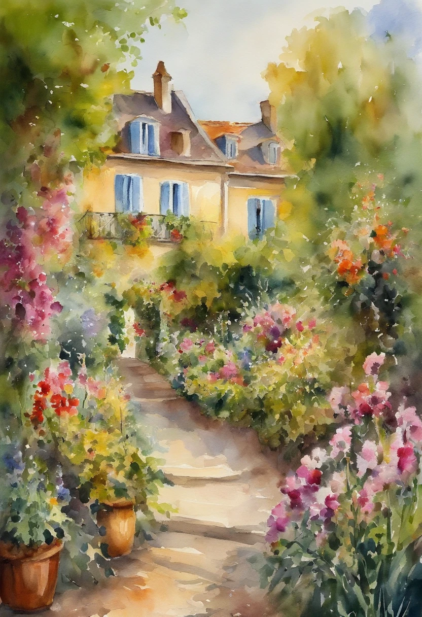 A garden full of flowers in prime time photography style. Impressionist painting style,The work of Camille Pissarro, A masterpiece of Boulevard Montmartre