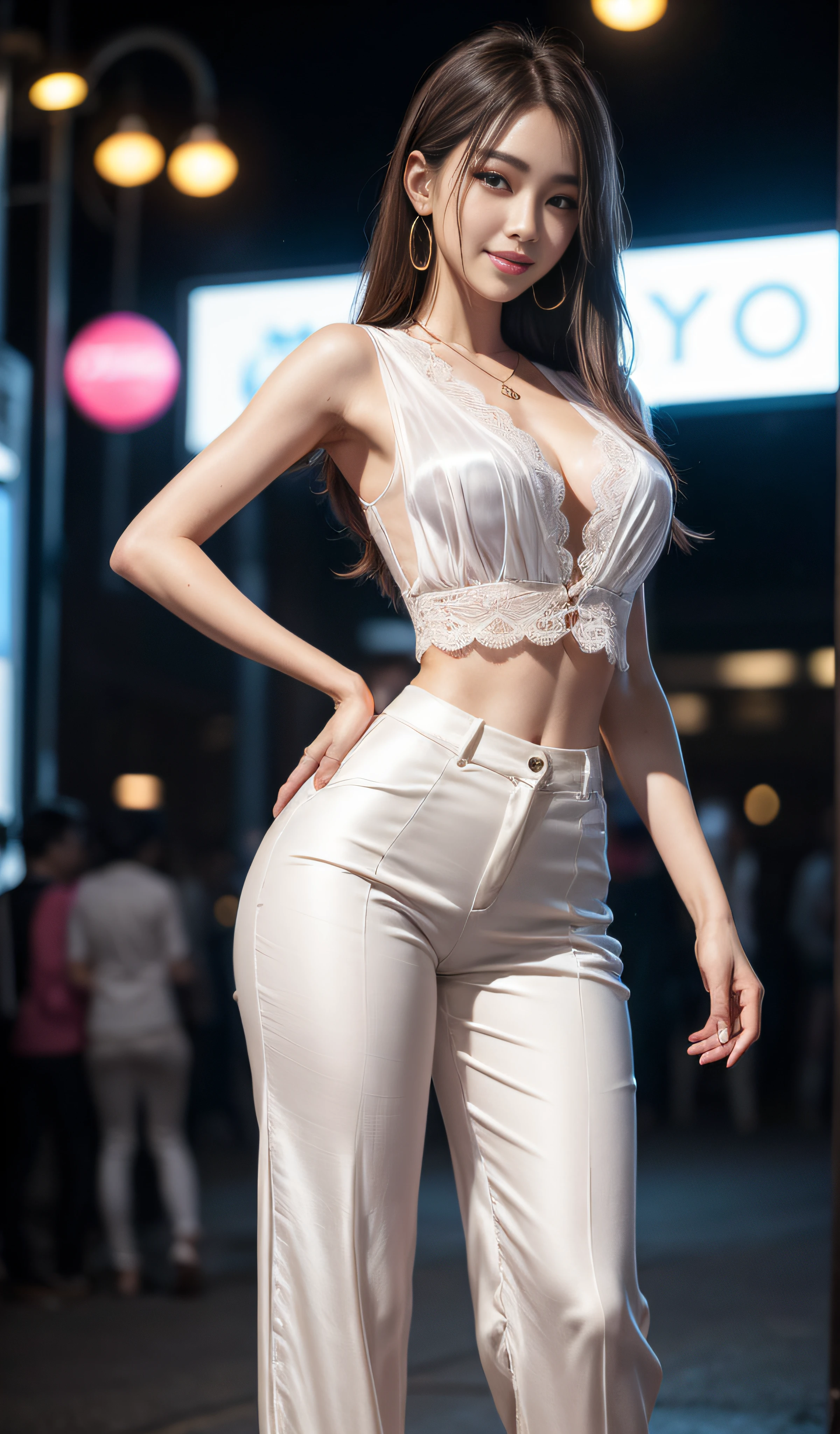 8K, Masterpiece, RAW photo, Best quality, Photorealistic, Extremely detailed CG unifies 8K, 8K, Diamond, and wallpaper, Depth of field, Cinematic light, Lens flare, Ray tracing, (Extremely beautiful face, Beautiful lips, Beautiful eyes), intricate detail face, ((ultra detailed skin)) 1girll, In the dark, deepshadow, Pretty Korean girl, Kpop idol, 1 girl, (Very slim and slender muscular body:1.3), (huge tit:1.0),Narrow waist、(Wide buttock),S-shaped body,Upturned buttocks,((view the viewer)),(Big smile:1.3), (Fashion night, Dark night, (neon lights sign), (Blurred background), Fashion Street Night),(No one is in the background:1.3), Beautiful earrings, bangle, necklace, Pantyhose, Clear eyes, (Pale skin), (Big eyes), Face forward, ((full body shot shot)),(Tight lace-up blouse), (Pink shirt), (Sleeveless) , ((Silk white trousers:1.3)),(brown hairs),((Skinny silk pants)), ,Narrow waist、(Wide buttock),(big assa),S-shaped body,Upturned buttocks,(view the viewer:1.3) open breast, Very slim, Medium breasts, Turn Back, Back shot, , underwear