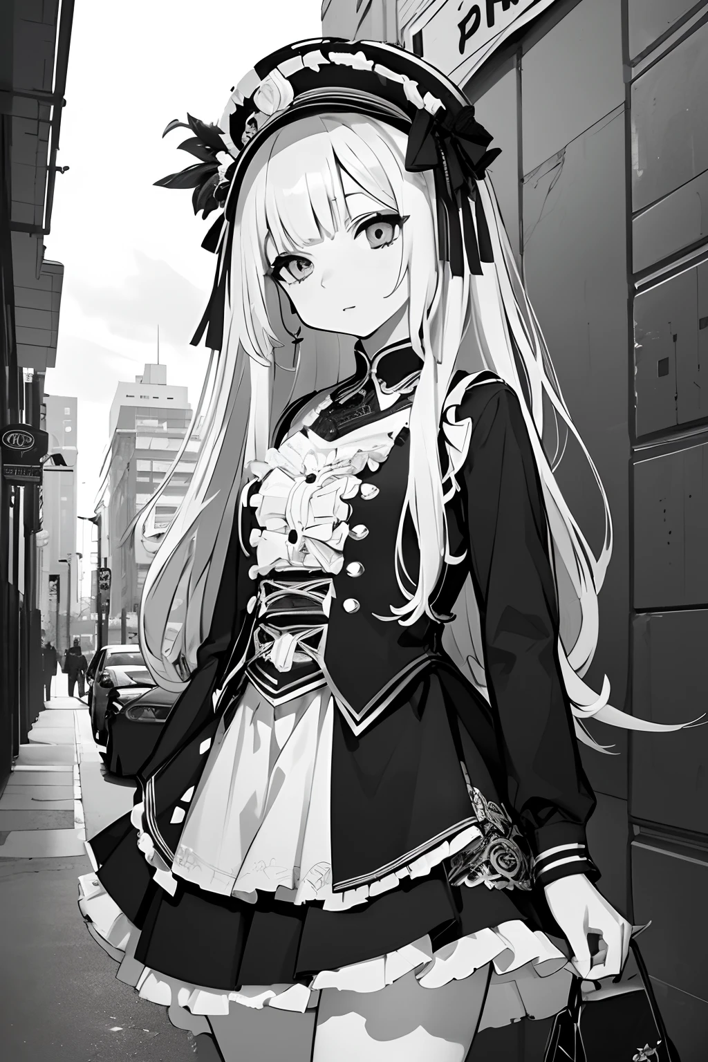 超A high resolution, Ultra-detailed, Beautiful and aesthetic, Perfect detailed face, Detailed eyes, Highly detailed,Ultra-detailed, extremely detailed CG unity 8k,(masutepiece, of the highest quality, Best Quality, Official art, Beautiful and aesthetic:1.2), 1girl in, Urban clothing, monochromes, grayscales, Flat color