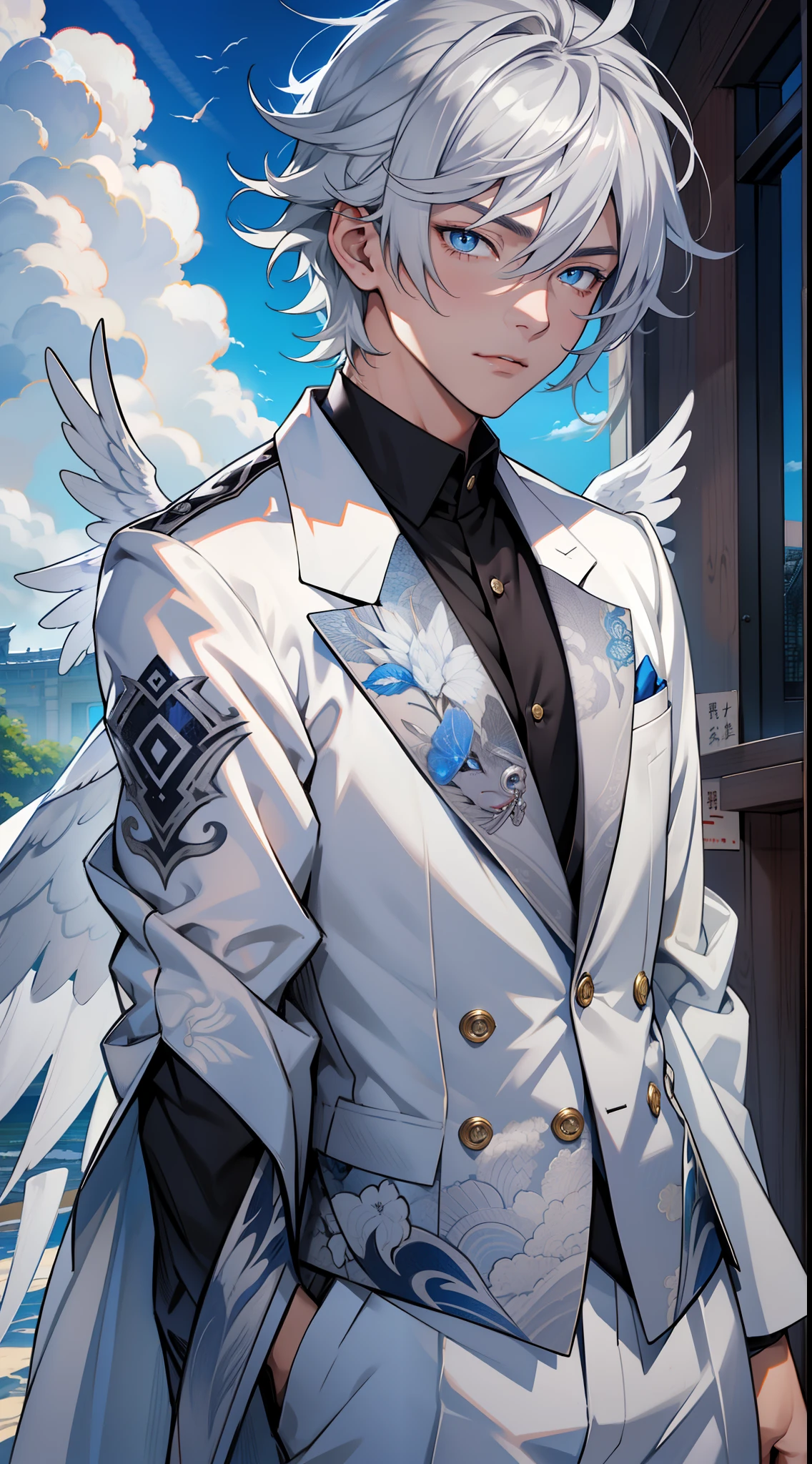 Angel mask, tmasterpiece,Need,超高分辨率,shoun,White suit,(Short silver-gray hair),blue color eyes,Libido boy,scales,Clouds,Kamimei
