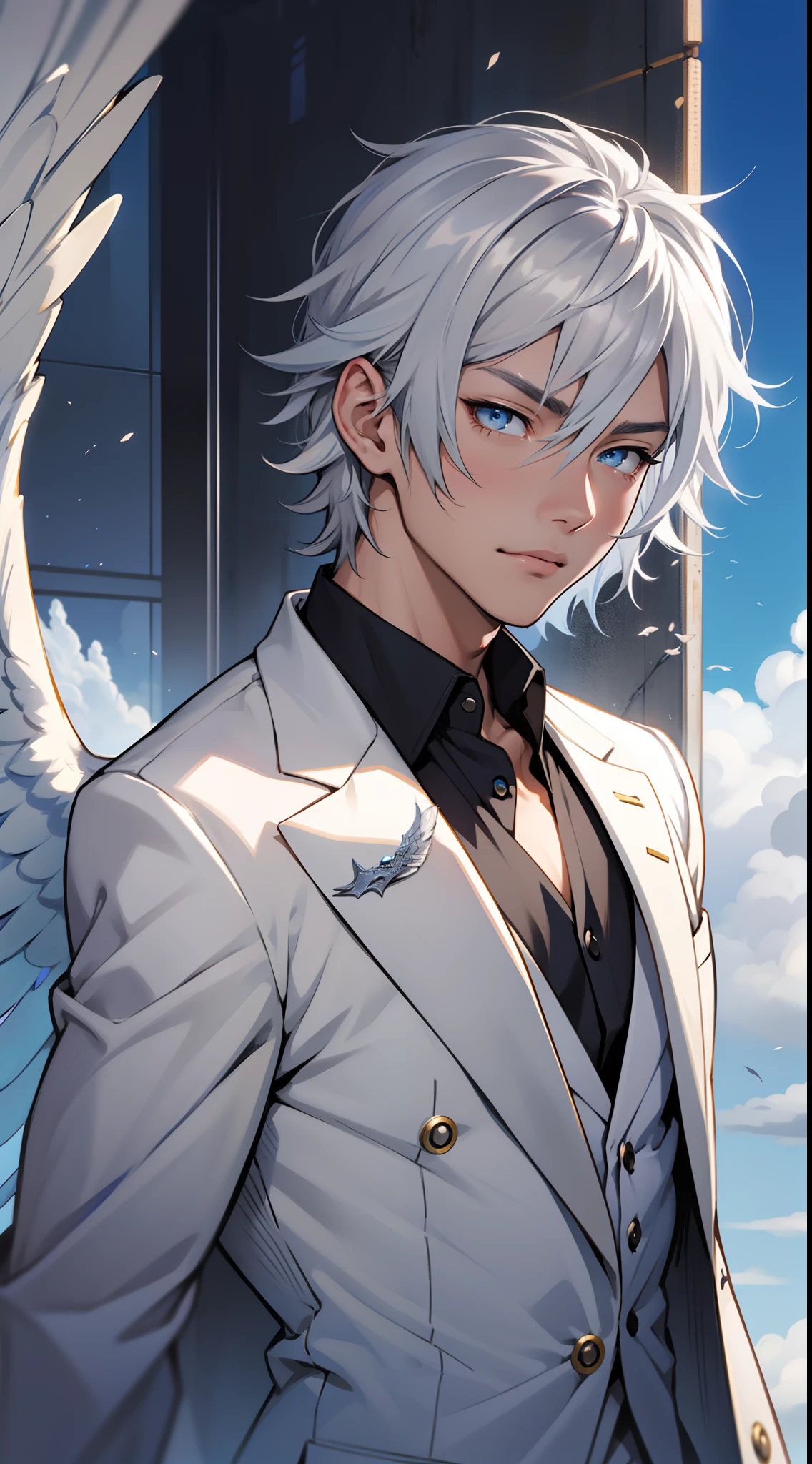 Angel mask, tmasterpiece，Need，超高分辨率，shoun，White suit，(Short silver-gray hair)，blue color eyes，?????? boy,scales，Clouds，Kamimei