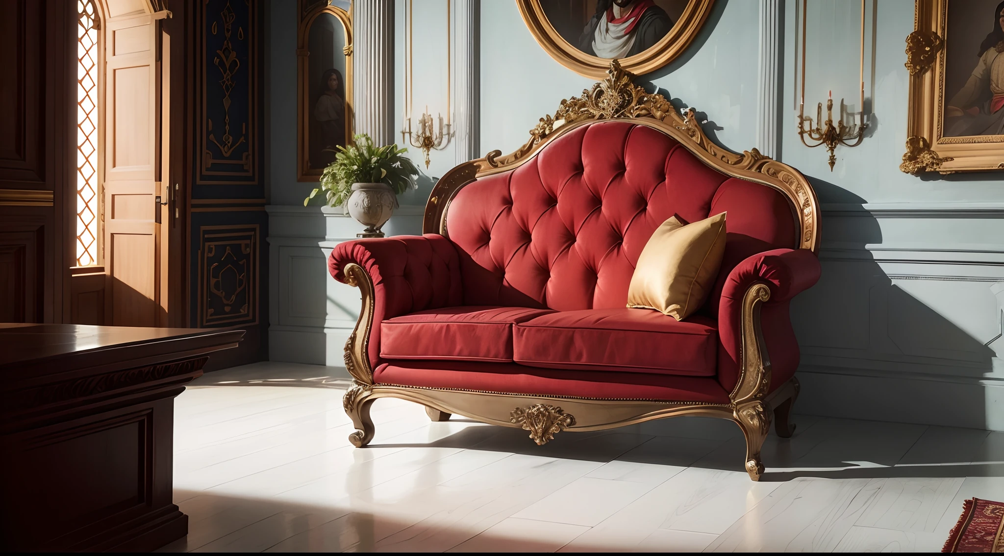 poltrona vermelha adornada com moldura de madeira dourada, furnitures The Chair King Inc Throne Garden, antique furnitures, furnitures, sofa