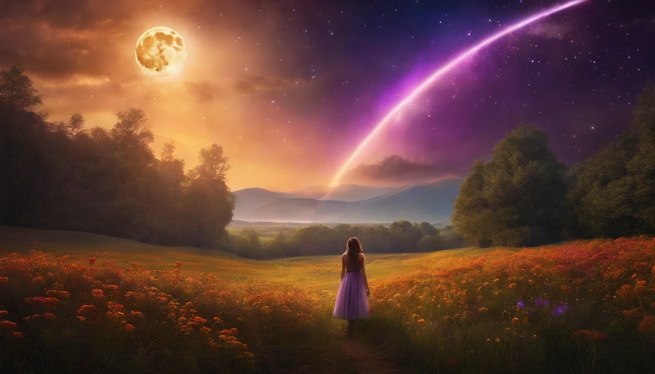 A wide landscape photo, (viewed from below, the sky is above, and the open field is below), a girl standing on a flower field looking up, (full moon: 1.2), (meteor: 0.9), (nebula: 1.3), distant mountains , Trees BREAK Crafting Art, (Warm Light: 1.2), (Firefly: 1.2), Lights, Lots of Purple and Orange, Intricate Details, Volumetric Lighting BREAK (Masterpiece: 1.2), (Best Quality), 4k, Ultra Detailed, (Dynamic Composition: 1.4), Rich in Detail and Color, (Rainbow Color: 1.2), (Glow, Atmospheric Lighting), Dreamy, Magical, (Solo: 1.2)