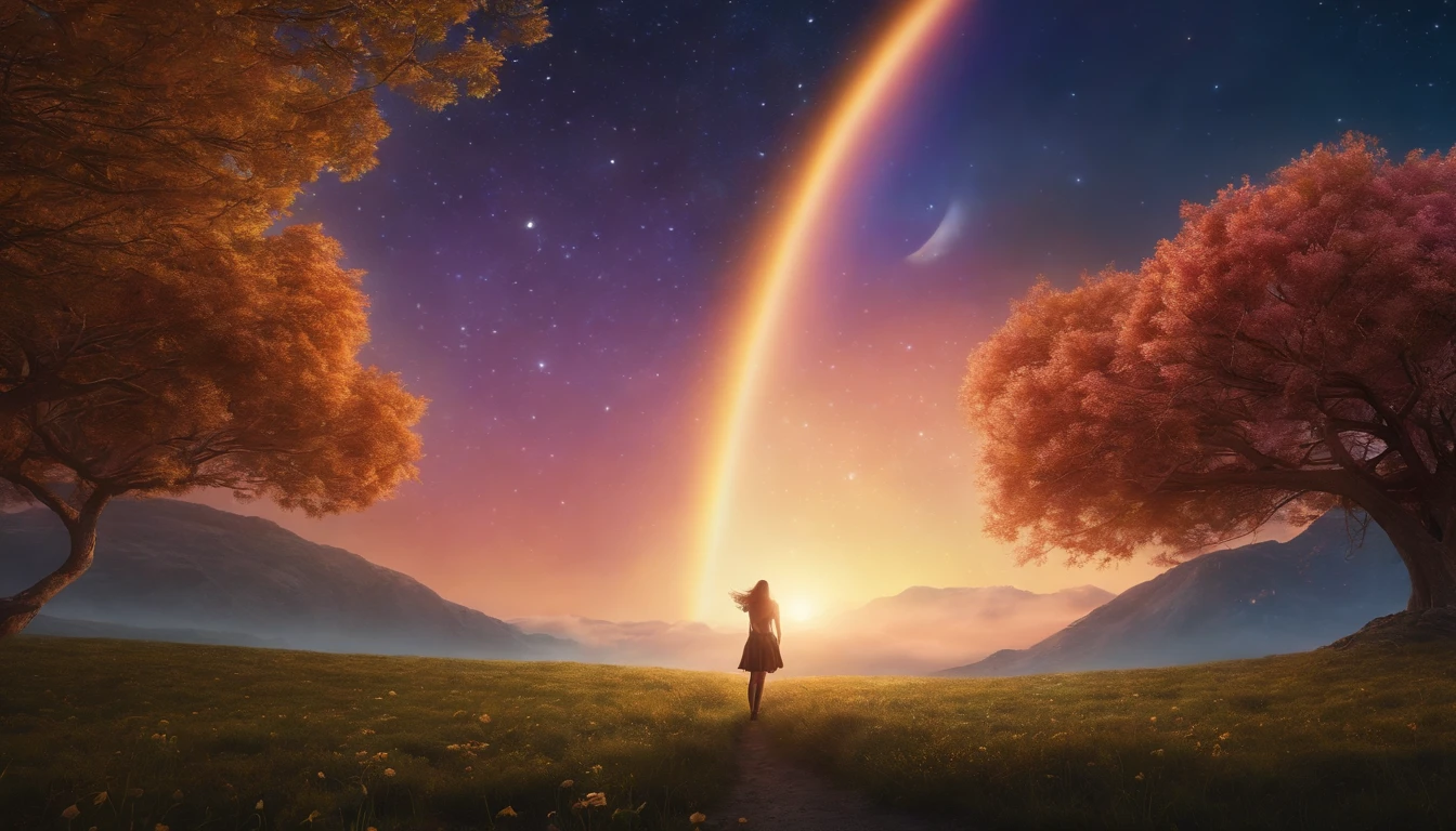 A wide landscape photo, (viewed from below, the sky is above, and the open field is below), a girl standing on a flower field looking up, (full moon: 1.2), (meteor: 0.9), (nebula: 1.3), distant mountains , Trees BREAK Crafting Art, (Warm Light: 1.2), (Firefly: 1.2), Lights, Lots of Purple and Orange, Intricate Details, Volumetric Lighting BREAK (Masterpiece: 1.2), (Best Quality), 4k, Ultra Detailed, (Dynamic Composition: 1.4), Rich in Detail and Color, (Rainbow Color: 1.2), (Glow, Atmospheric Lighting), Dreamy, Magical, (Solo: 1.2)