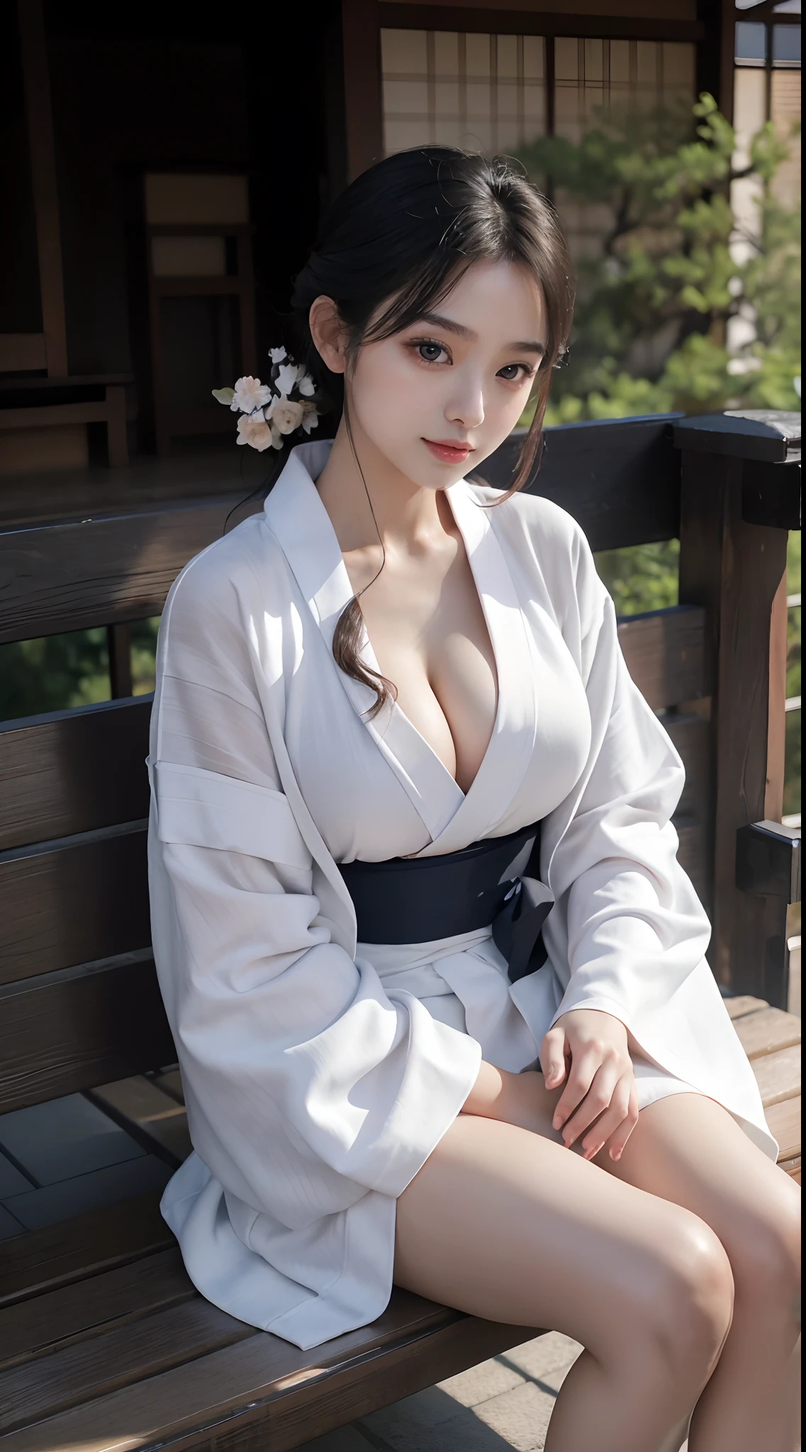 8K, RAW photos, Best quality, Masterpiece: 1.2),(best qualtiy,8K, Yes,32K,masterpiece,hyper HD:1.2) , 20 years old, big cleavage breasts, hig boobs, araffe asian woman in a kimono sitting on a bench, wearing a simple robe, in kimono, wearing simple robes, japanese goddess, japanese model, in a kimono, elegant japanese woman, wearing kimono, wearing a long flowing robe, kimono, classy yukata clothing, japanese clothes, wearing a luxurious silk robe, japanese kimono, pale and coloured kimono, in robes