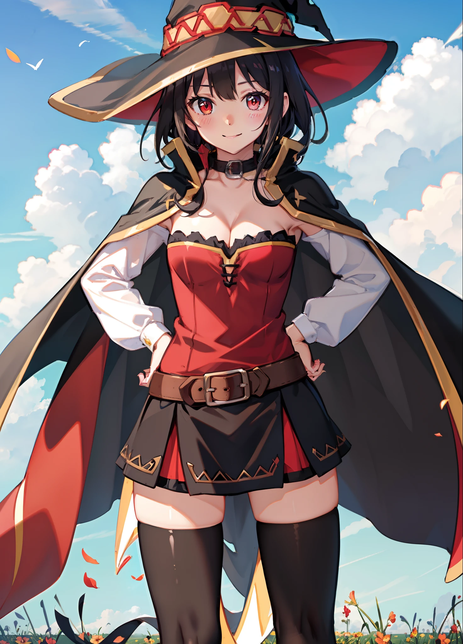 ((masterpiece)), (best quality:1.7), (detailed:1.4), (high res:1.4), 8k, (colorful:1.5), 2d, high resolution, sharped image, 4k, hd, megumin_konosuba, 1girl, (((solo))), ((black hair)), black thighhighs, wicth, witch hat, brown belt, red eyes, red dress, middle body, cowboy shot, smile, ((medium breasts)), (((cape))), peace symbol, long sleeves, (cleavage), legs, long legs, school, ((field)), sun, sky, clouds, spread legs, ((looking at viewer)), (((two arms))), (((two hands))), choker, ((black cape)), ((((hands on own hips)))), belt, particles, cinematic lights, blush, surprised,